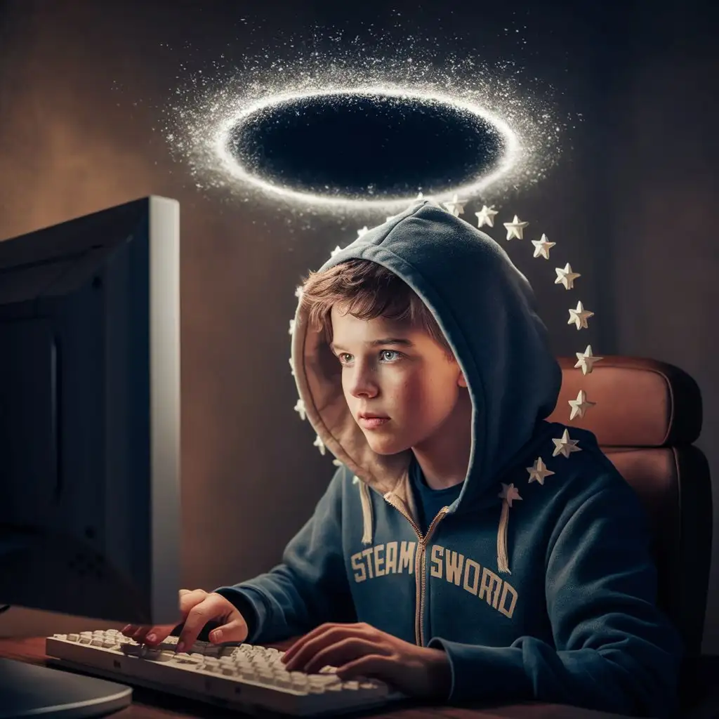 A boy of about 18 years old is playing Minecraft on a computer, he is wearing a hoodie with the inscription SteamSword and stars around him, and a sparkling dark hole above his head