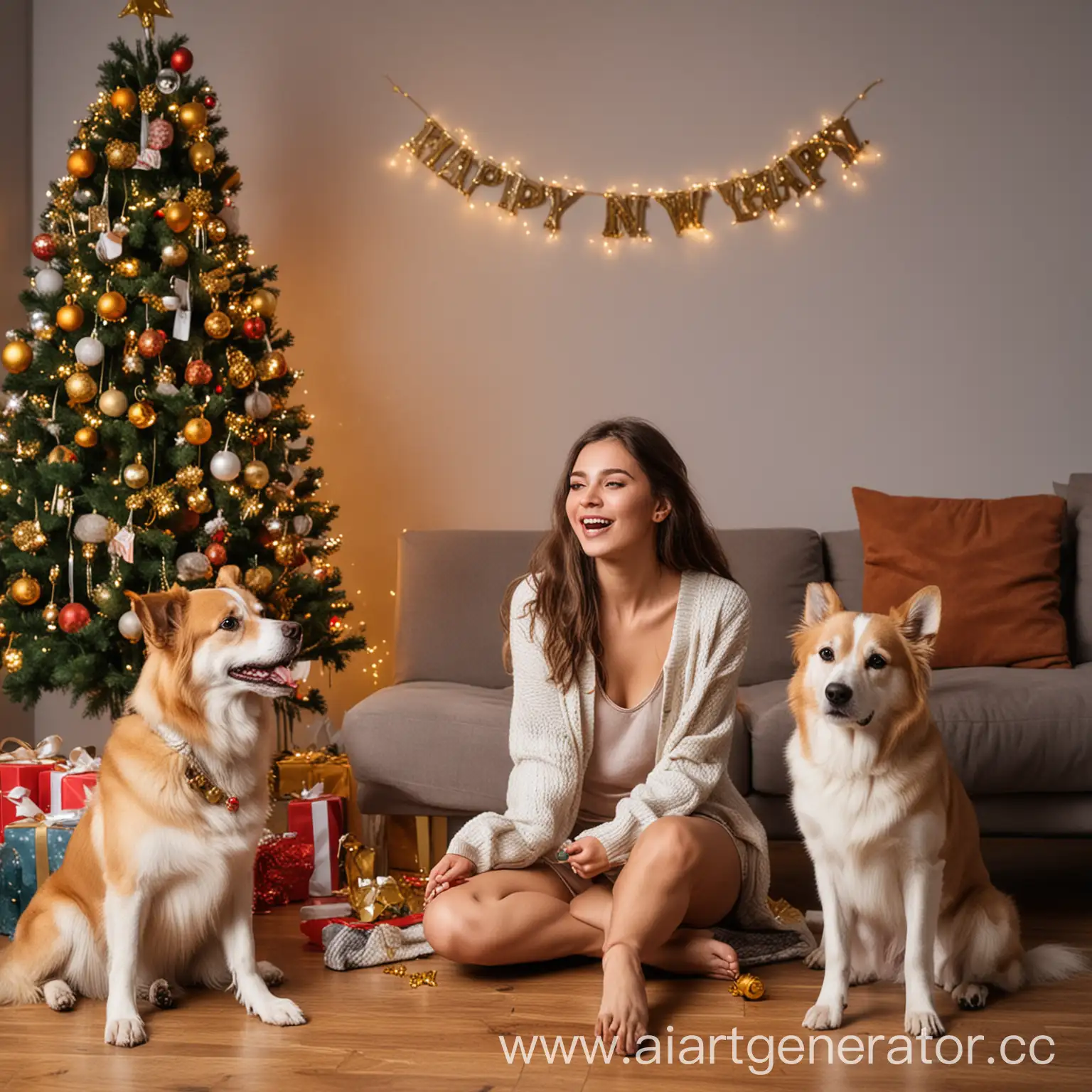 girl celebrating new year alone with her dogs