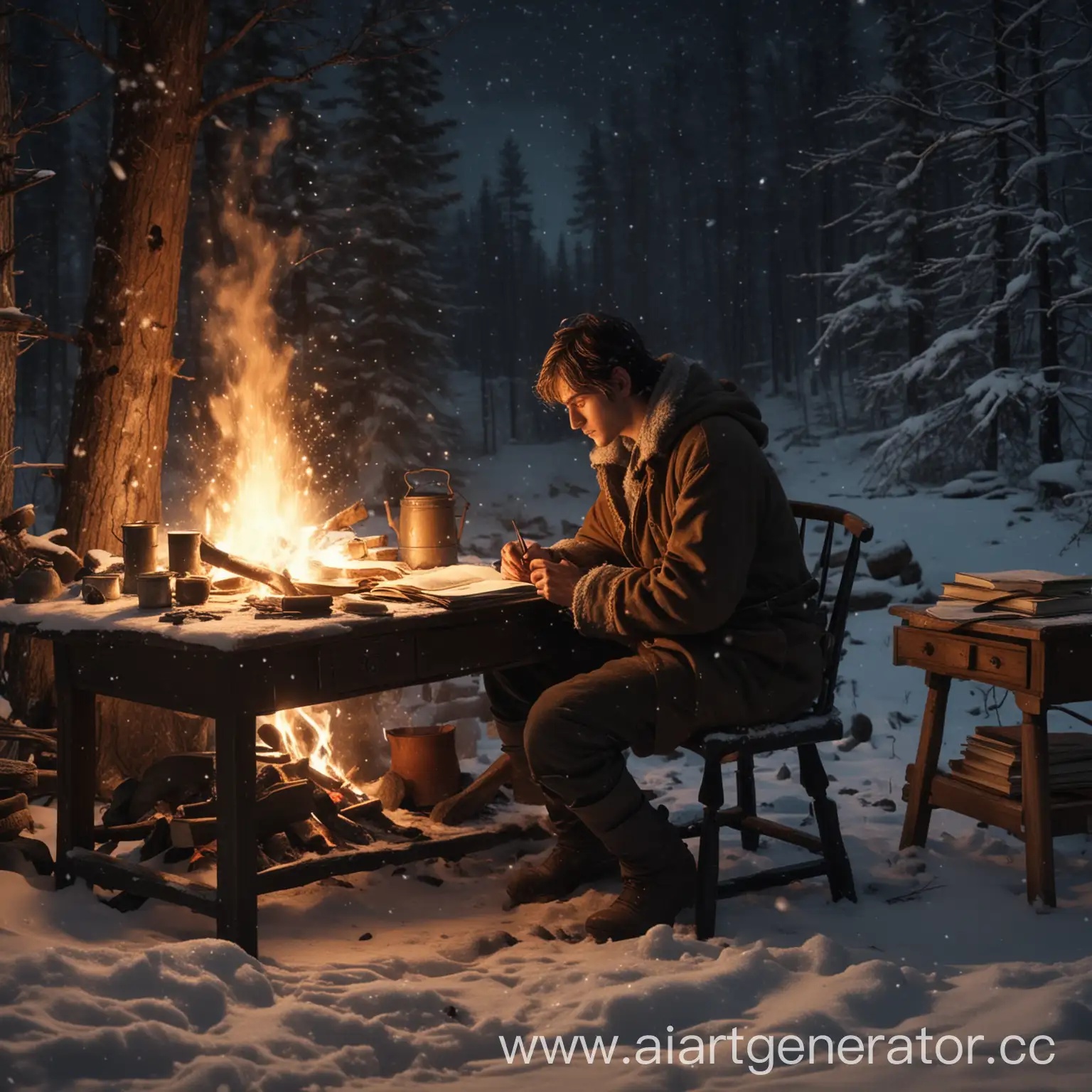 Писатель мужчина сидит ночью у костра за письменным столом. Вокруг его окружает тайга, а с неба падает снег