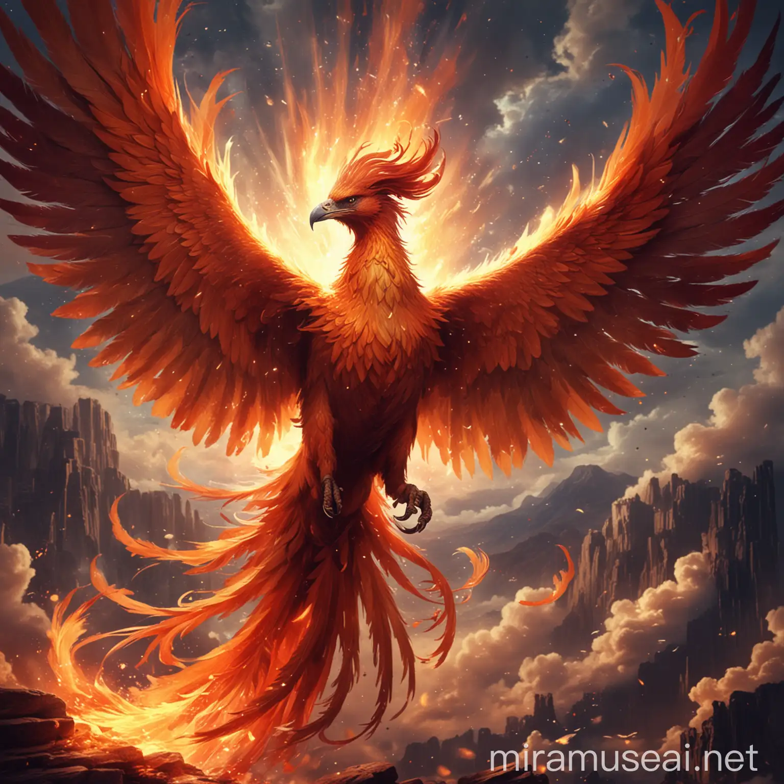 Magnificent Phoenix Soaring in Fiery Sky