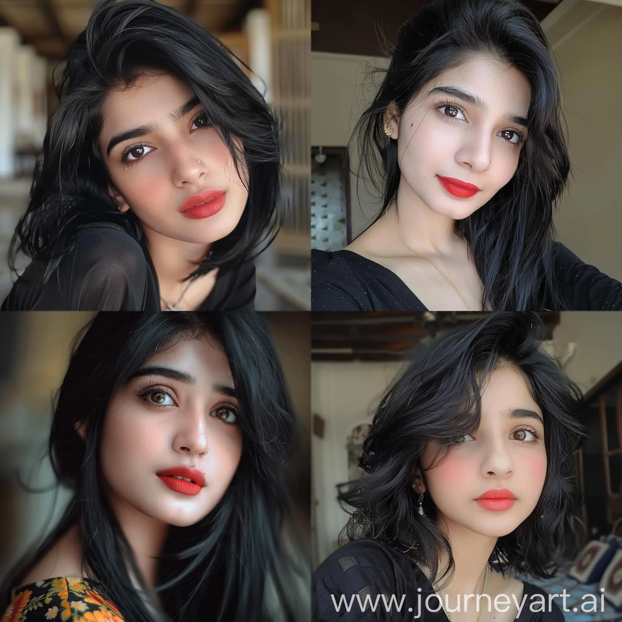 a  Pakistani giirl with black hair, brown eyes, cute face, red lips , charming looking