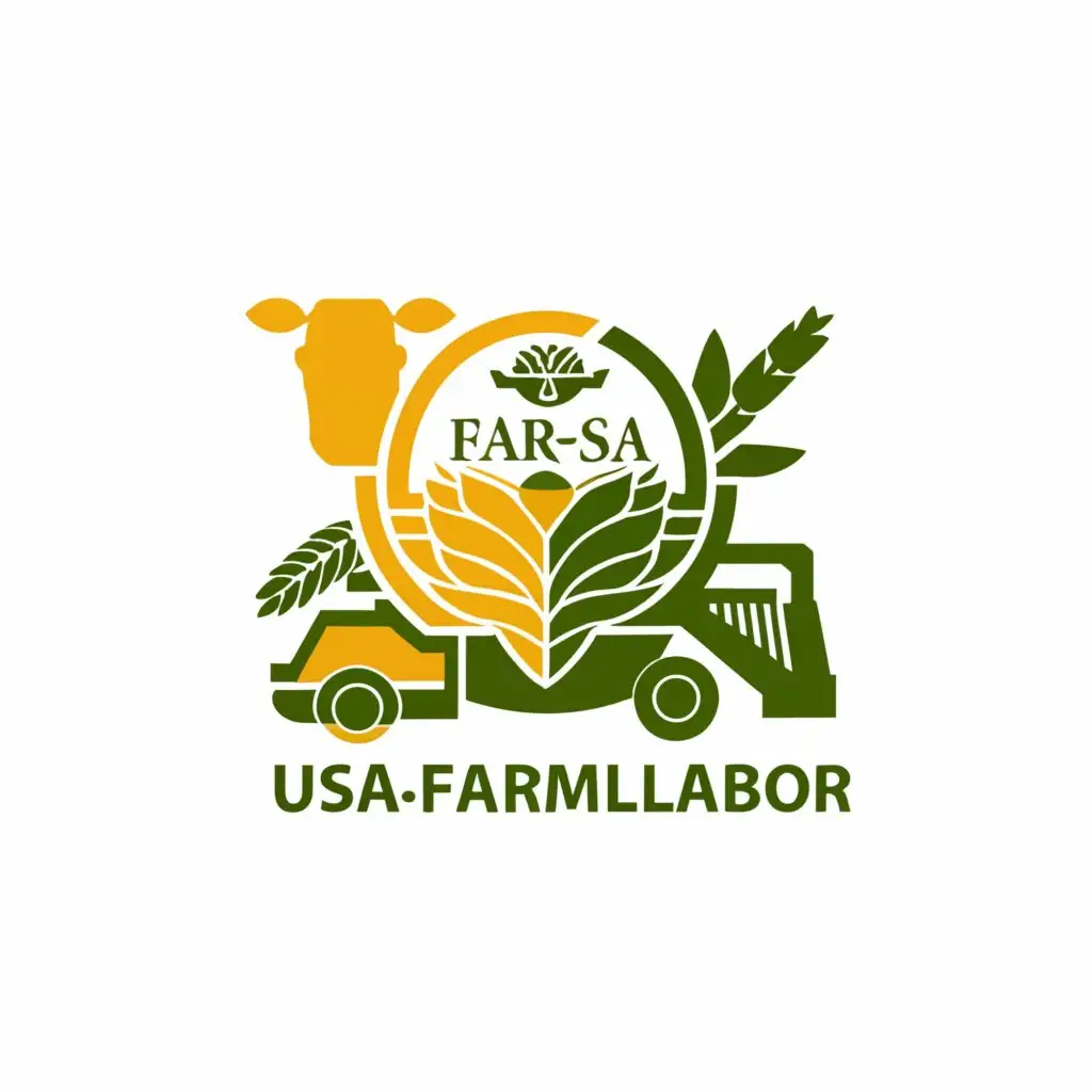 a logo design,with the text "USAFarmLabor-SA", main symbol:Tractor, cattle, maize crops  and a fa. Not round,Moderate,clear background