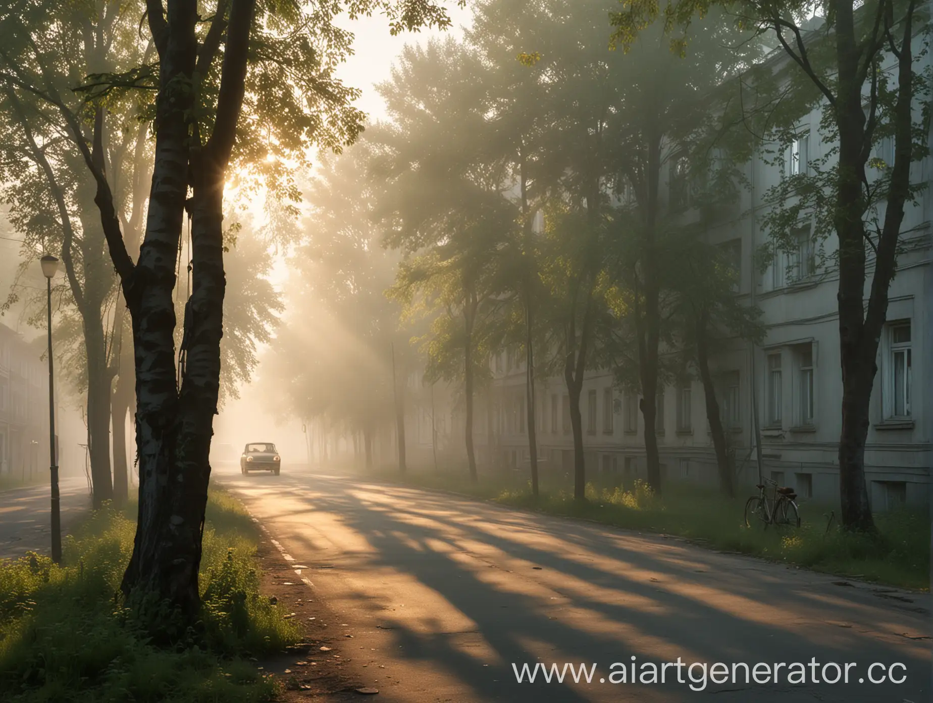 Scenario: An early foggy morning on one of the summer days. There are old five-story buildings of the Soviet era around, an old asphalt road with a lonely car on it. The foliage of the trees creates shade on the houses, and the barely rising sun illuminates a few windows in the house. There is not a soul outside, only the wind rustles the leaves of the trees.