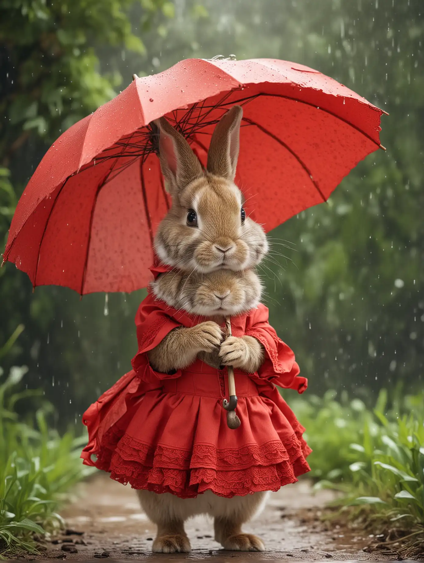 Adorable Rabbit in Red Dress with Umbrella