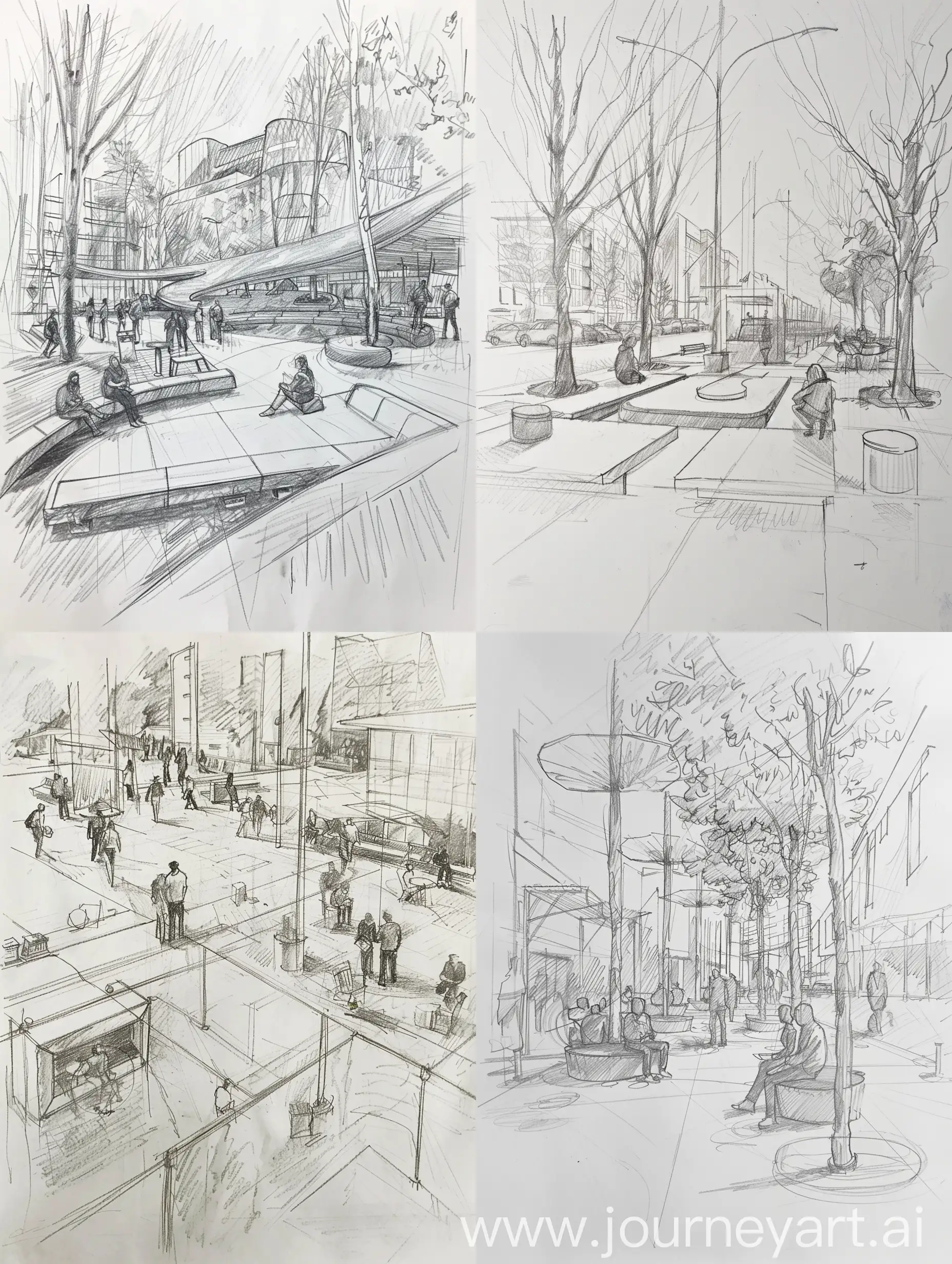 Нарисуйте карандашом эскиз оживленного общественного пространства, в котором, на ваш взгляд, есть удачная городская мебель, эскиз должен отражать разные подходы к архитектуре: отношения между человеком и объектом, взаимодействие с архитектурным пространством, понимание объекта и интерпретацию пространства 