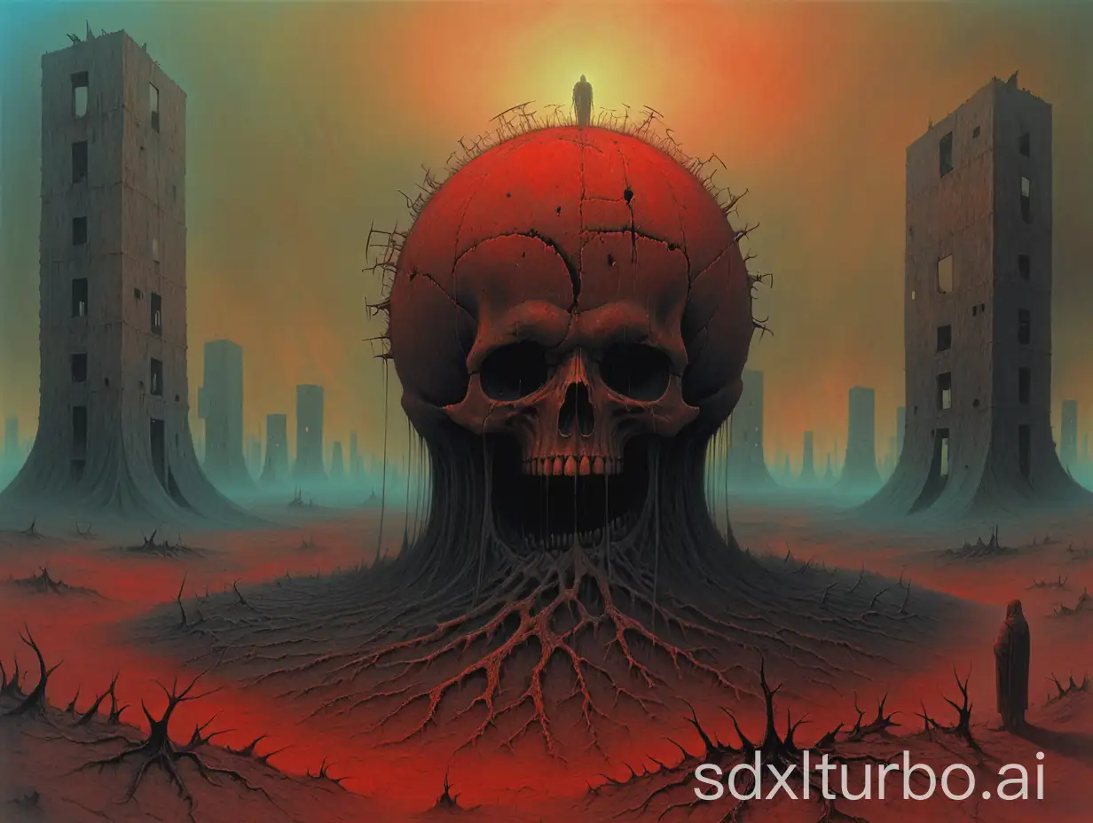 "new  happy and pain of life on a scorched earth ", apocaliptic surrealism by beksiński