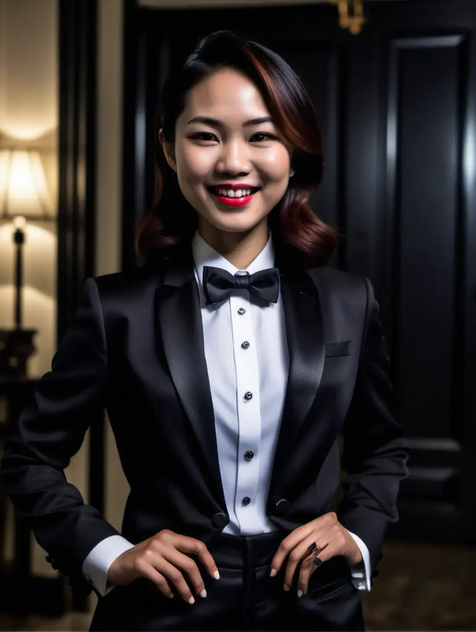 A smiling 30 year old Vietnamese woman with shoulder length hair and lipstick standing in a dark room in a mansion. She is facing forward. She is wearing a tuxedo. (Her pants are black. Her shirt is white. Her bowtie is black. Her shirt buttons are black and shiny. Her cufflinks are black.). She is relaxed. Her jacket is open.