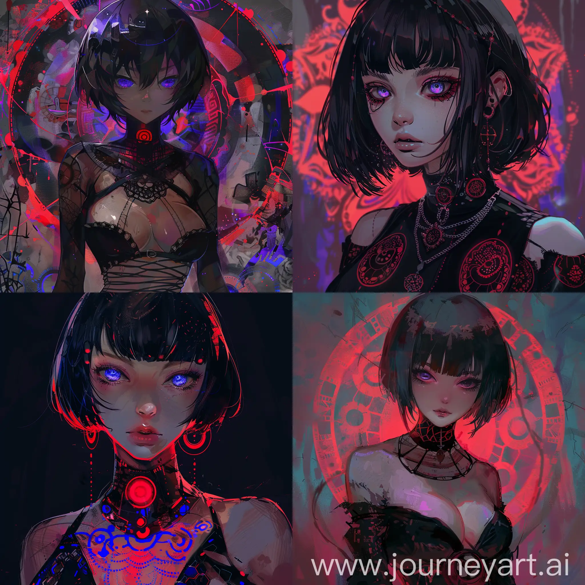 The girl is tall, of medium build, with large breasts, short black hair, she is dressed in black clothes with red patterns, her eyes are blue with purple patterns in the shape of circles.