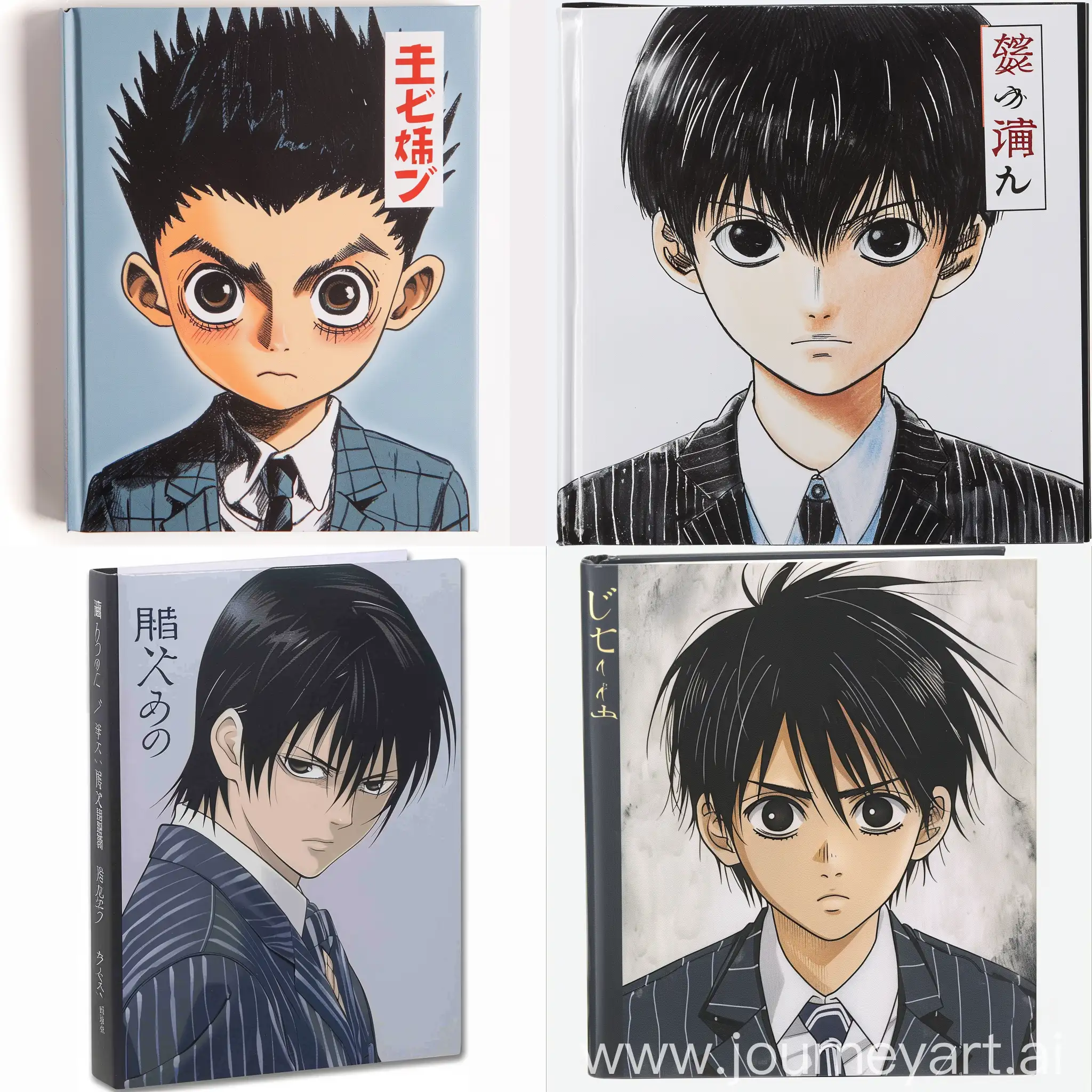 Book cover draw on the cover of a boy with sharply combed down black hair and dark eyes in school clothes like in Japan