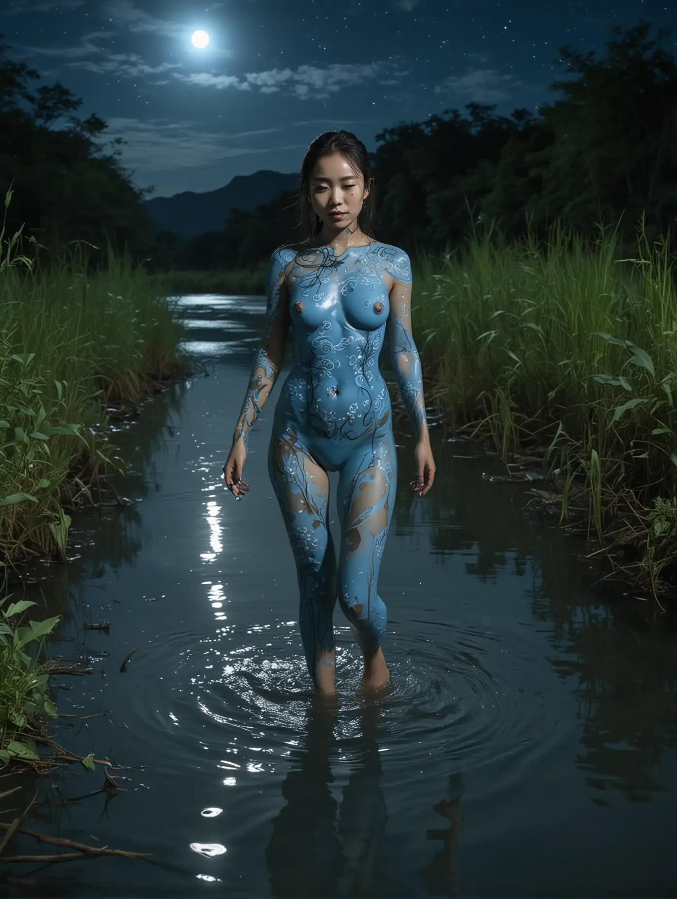 Cuerpo completo. Mujer asiatica, bodypaint color azul cielo.  Camina con las piernas sumergidas hasta las pantorrillas en un río. Es de noche. La luna se ve al f0ndo. Vegetación en el costado derecho