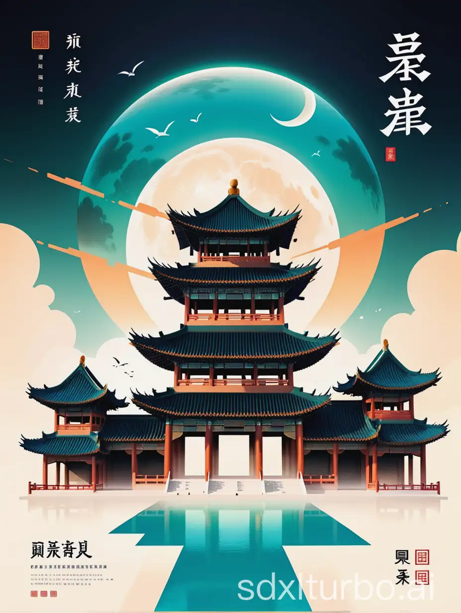 海报设计，高科技，中国传统元素，文字排版，简约，高科技风格，新潮，插画，古建筑
