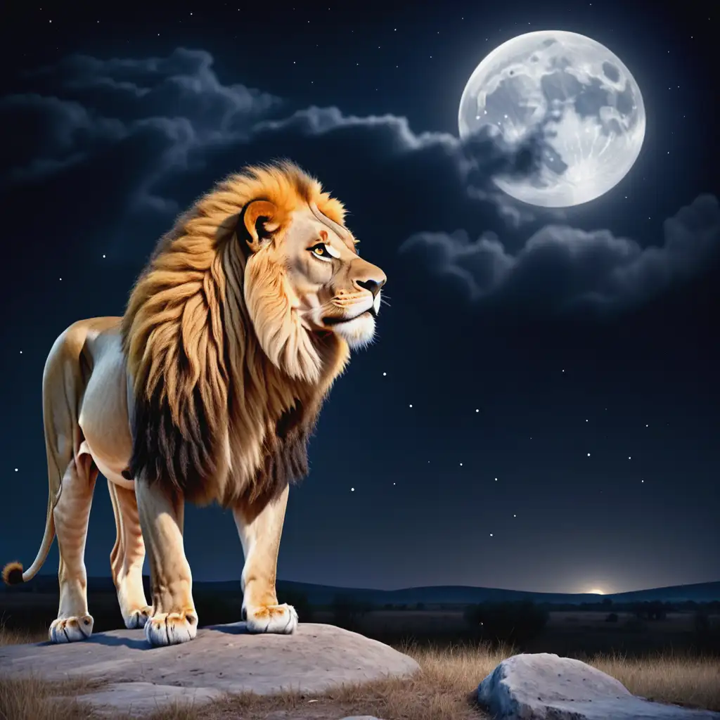 на фоне ночного пейзажа, лев смотрит на луну
