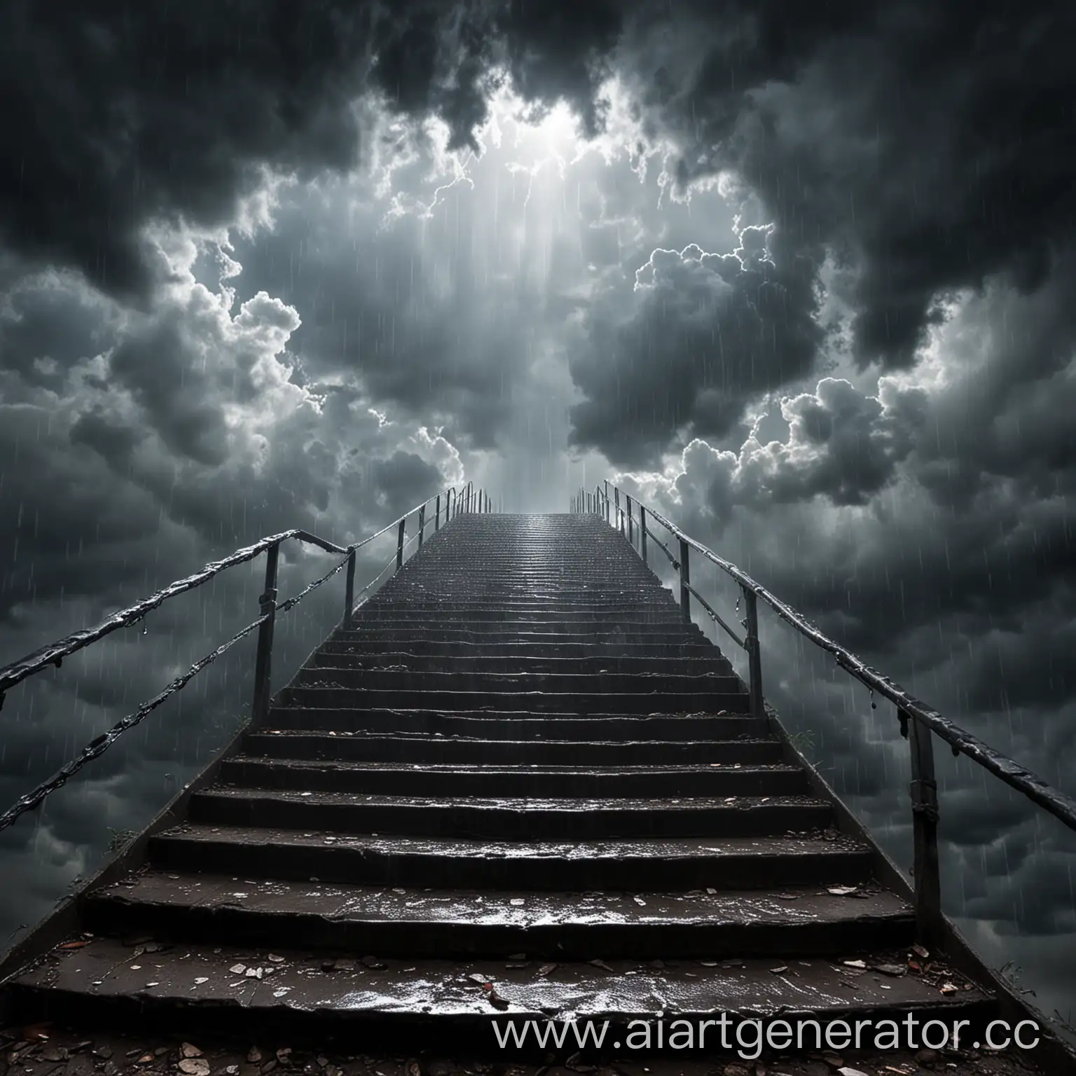 ступени в рай на небе, в конце лестницы виден свет, вокруг лестницы дождь, гроза, пасмурные облака