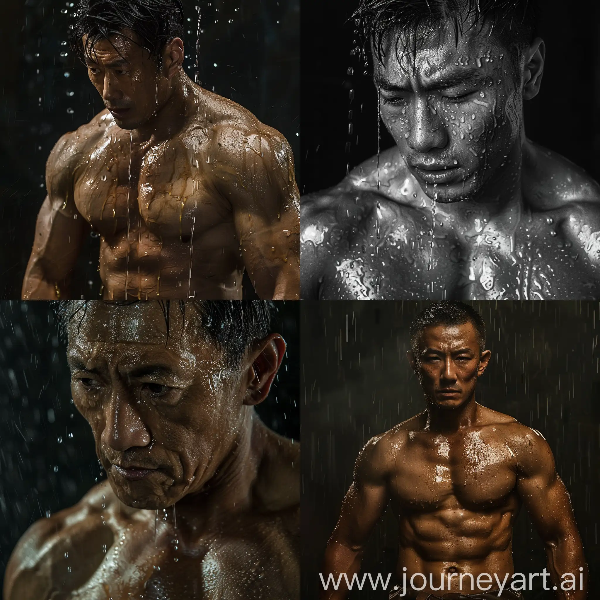 Drenched in sweat beefy muscular mature asian man