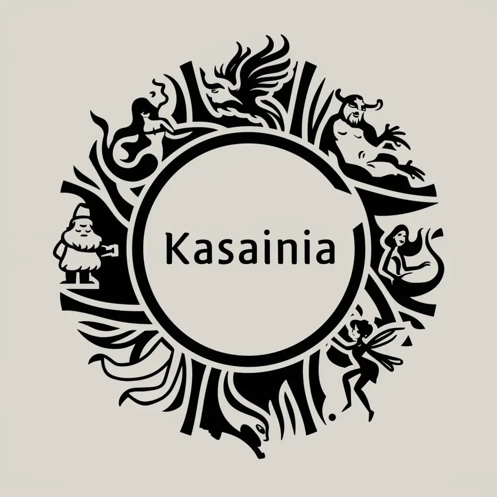 logo in the shape of circle 
write kasainia in the center of the circle 
On the edge of the circle black and white symbols of one of each : mermaid, phoenix, ogre, dwarf, elf and fairy 