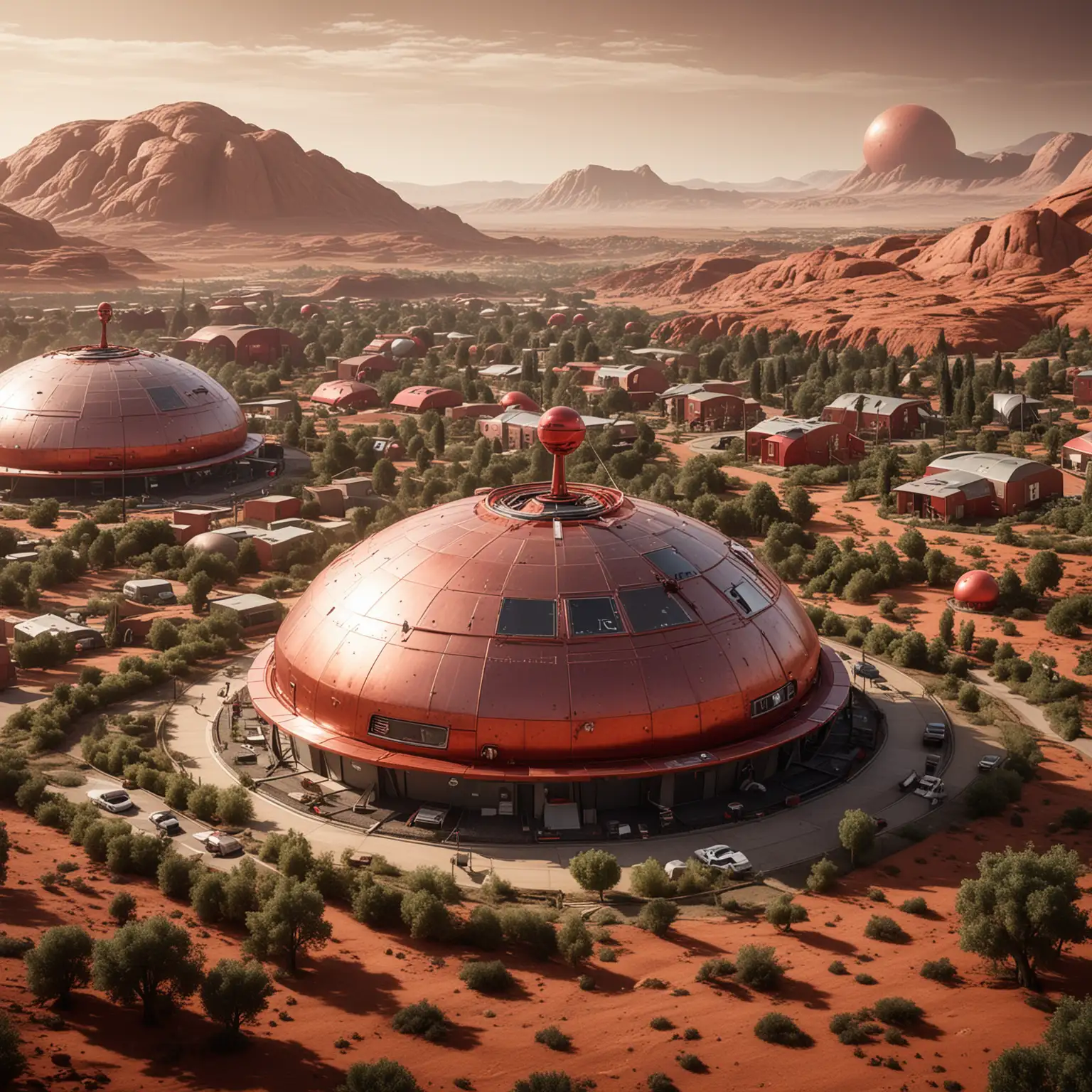 images depicting the exterior of a Martian 'surrender station' located in a suburb. The structure is a high-tech dome made of bronze and red materials, featuring a prominent dish antenna, set within a suburban landscape. Its design contrasts with the surrounding houses, adding an eerie presence to the typical suburban setting. There is a lot of greenary surrounding the area
