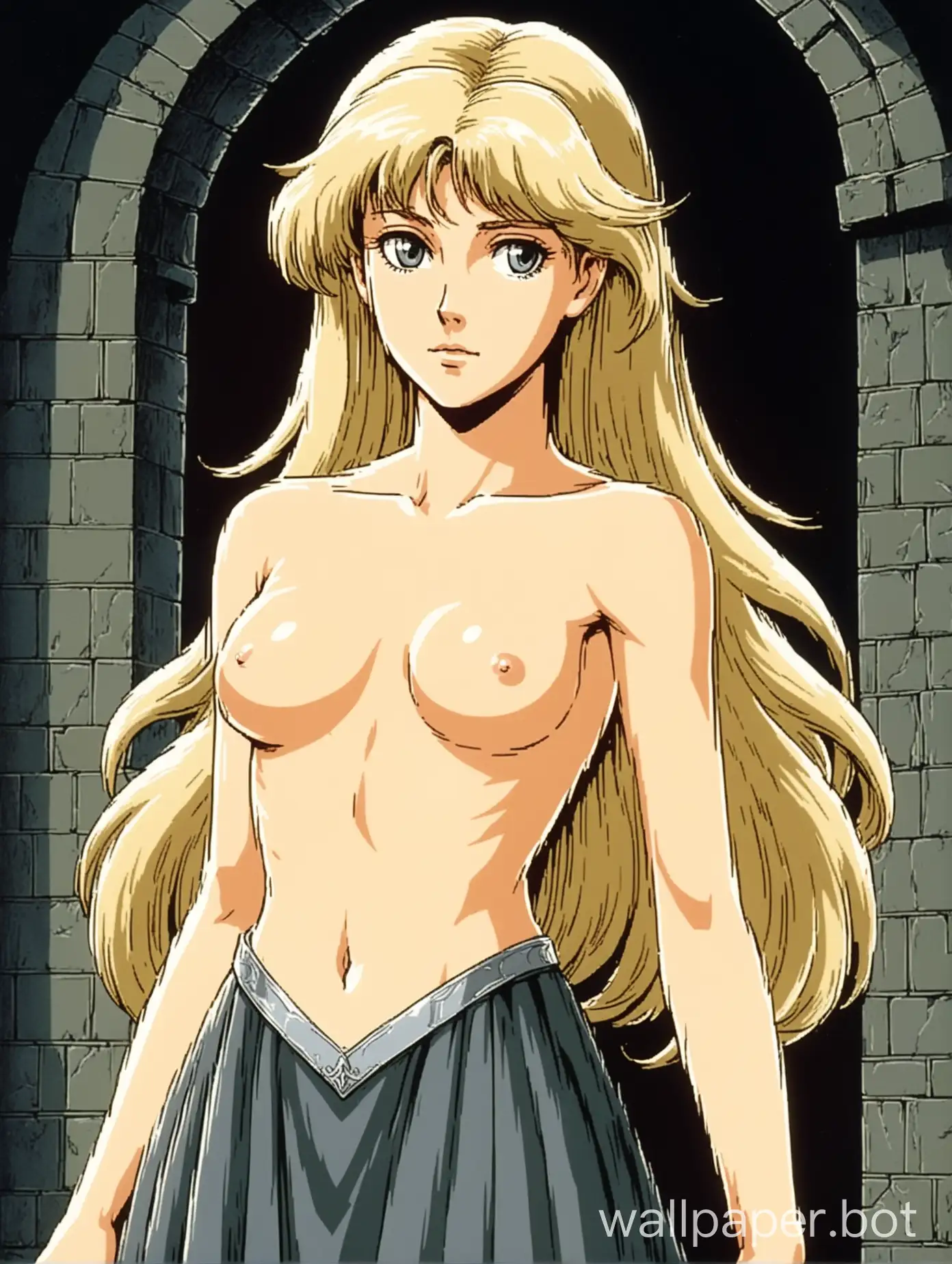 portrait of a young and attractive white woman without a shirt, exposed chest, appealing breasts, thin sharp face, she has long wavy white-blonde hair, standing proudly, elegant and slender, wearing a transparent dark grey skirt, topless, medieval elegance, 1980s retro anime
