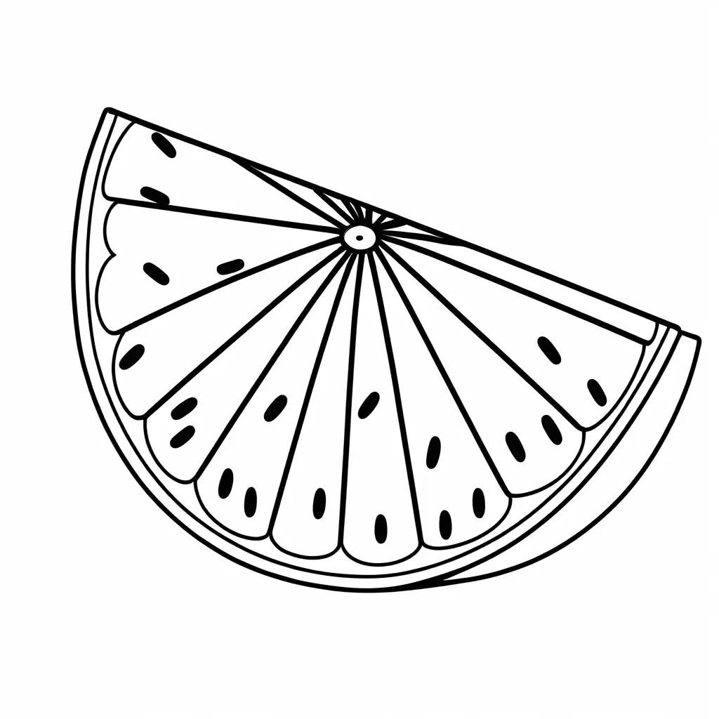 A slice of watermelon with seeds,  black and white, line art, white background, Simplicity, Ample White Space. The background of the coloring page is plain white to make it easy for young children to color within the lines. The outlines of all the subjects are easy to distinguish, making it simple for kids to color without too much difficulty, Coloring Page, black and white, line art, white background, Simplicity, Ample White Space. The background of the coloring page is plain white to make it easy for young children to color within the lines. The outlines of all the subjects are easy to distinguish, making it simple for kids to color without too much difficulty