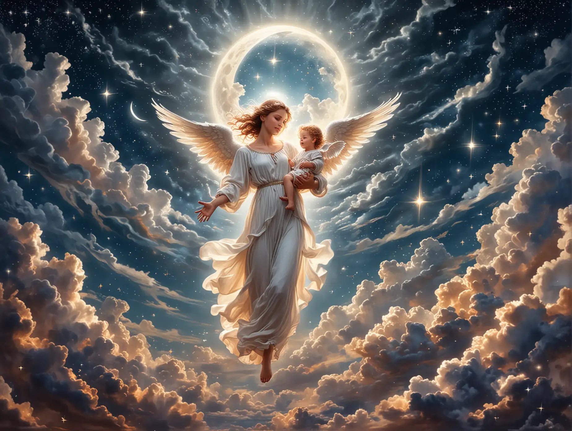 Angel-Flying-with-Child-under-Starry-Sky-and-Moonlight