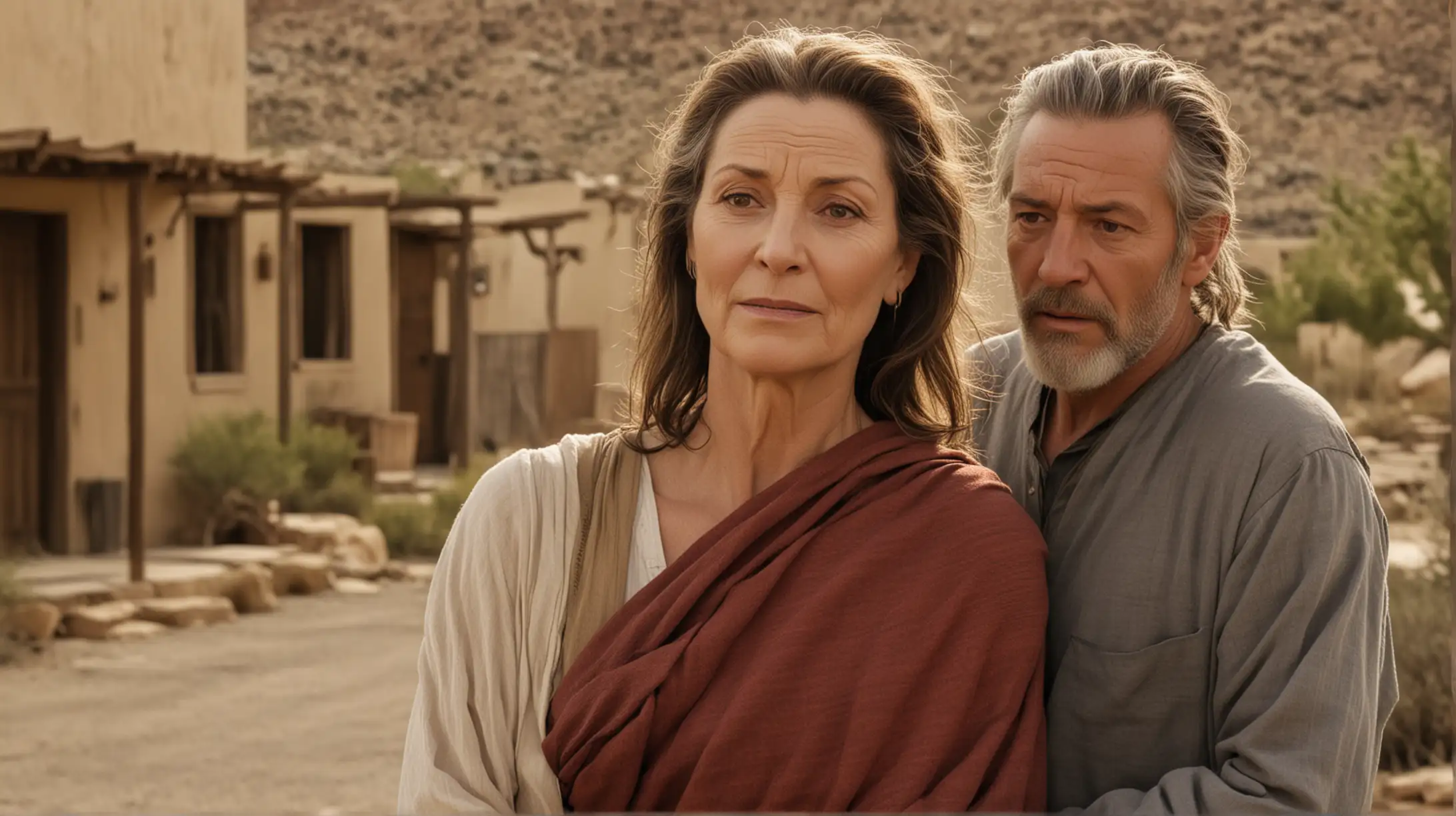 an attractive 50 year old woman, and her adult son, set in a desert town, during the era of the Biblical Moses