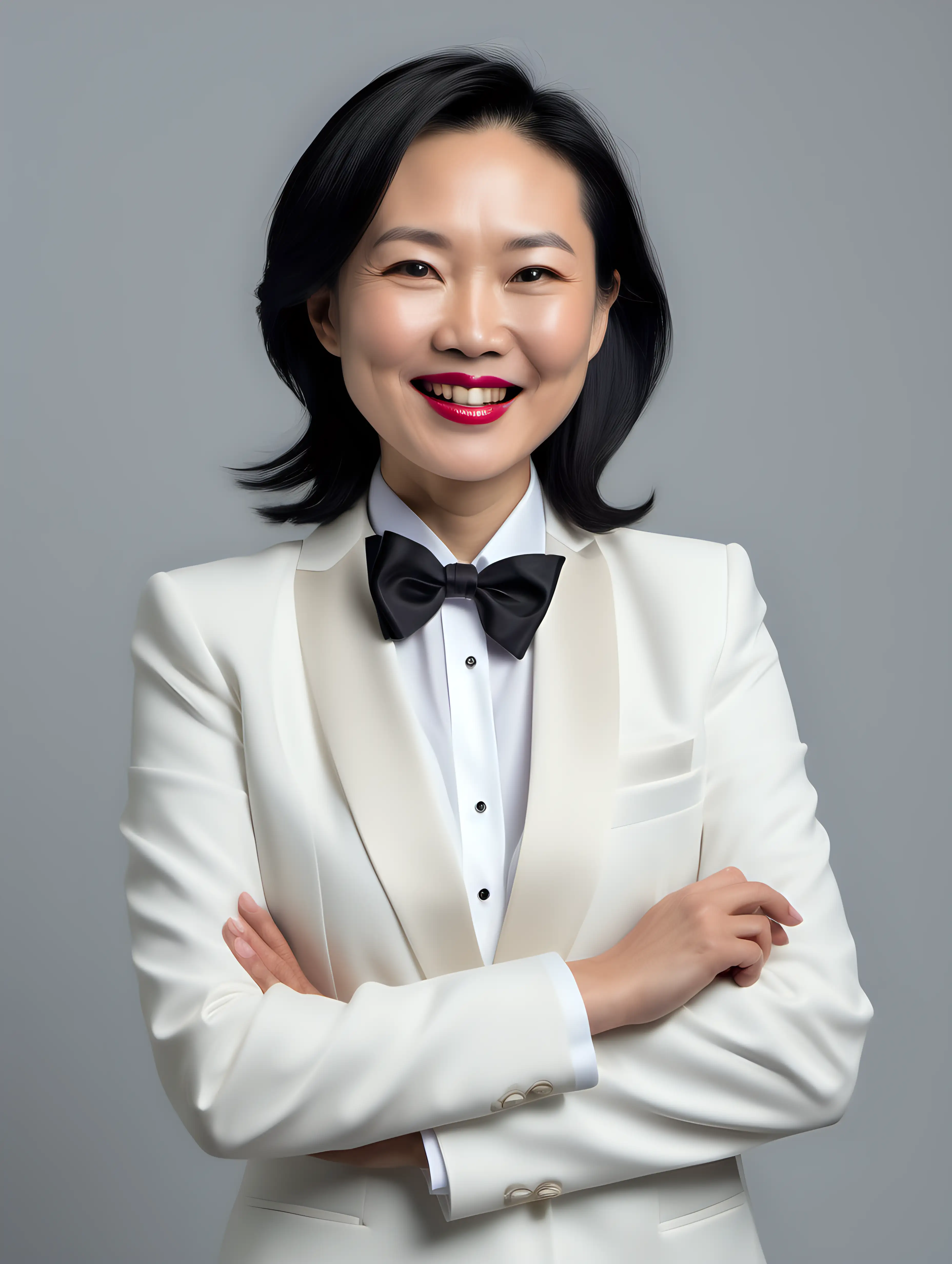 cute and sophisticated and confident and smiling and laughing 40 year old Chinese woman with shoulder length hair and lipstick wearing an ivory tuxedo with a white shirt and a black bow tie, crossing her arms