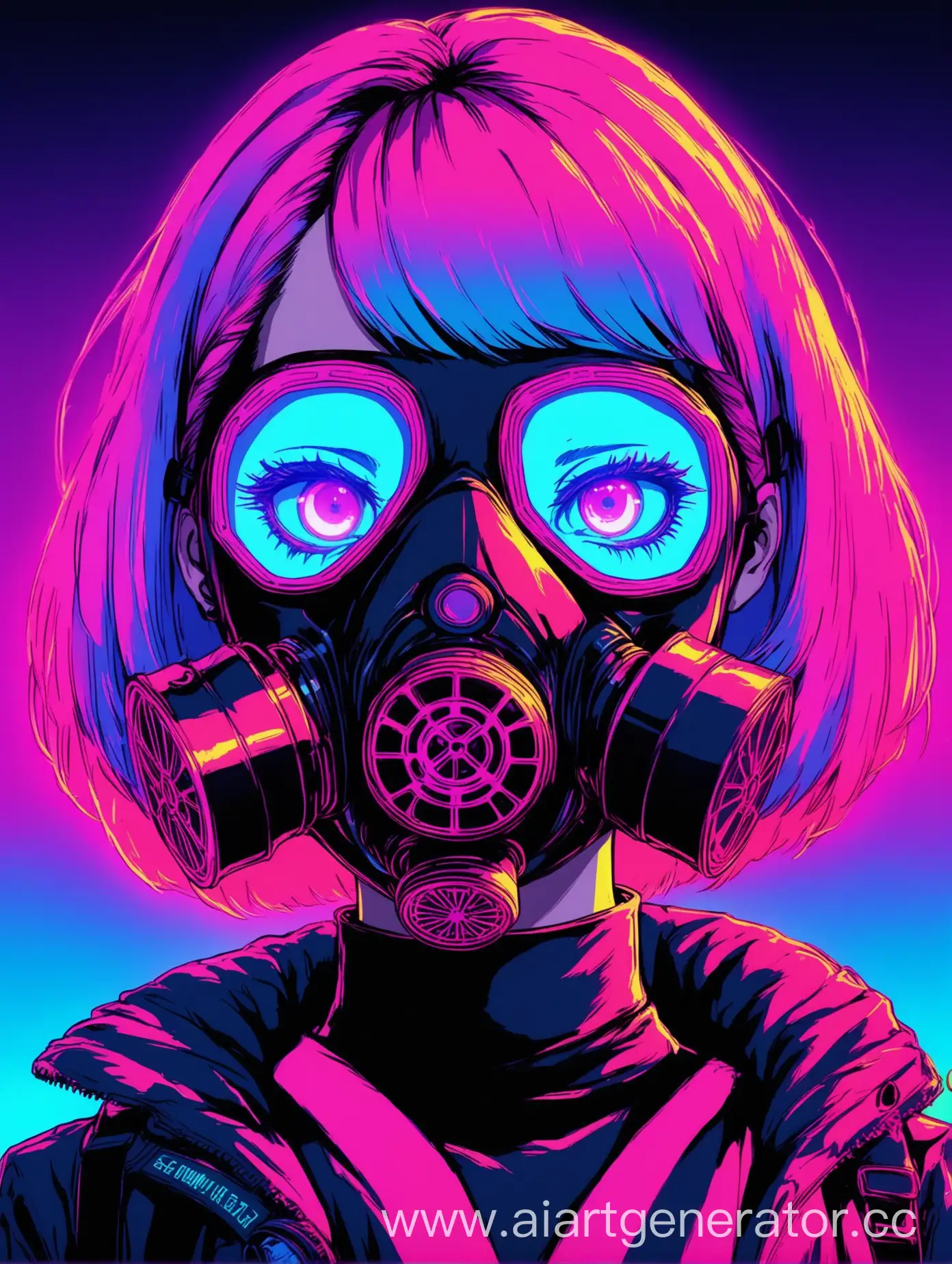 Girl-with-Bob-Hairstyle-Wearing-Neon-Gas-Mask-in-Synthwave-Setting