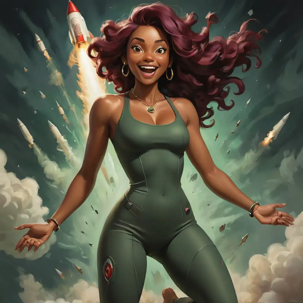 Happy Woman,with dark powers,  
in Pine Green colored An oil painting depicting a rocket launching from the ground, showcasing the power and excitement of space exploration.
mocha Skin Tone, Burgundy Shoulder Soft Waves hairstyle 
Wearing Yoga pants, the woman's body parts such as chest, thigh, stomach, and abdomen are visible
INDRANEELAM Jewelry,  Necklace, Rings and earrings.Black woman painterly smooth, extremely sharp detail, finely tuned, 8 k, ultra sharp focus, illustration, illustration, art by Ayami Kojima Beautiful Thick Sexy Black women 