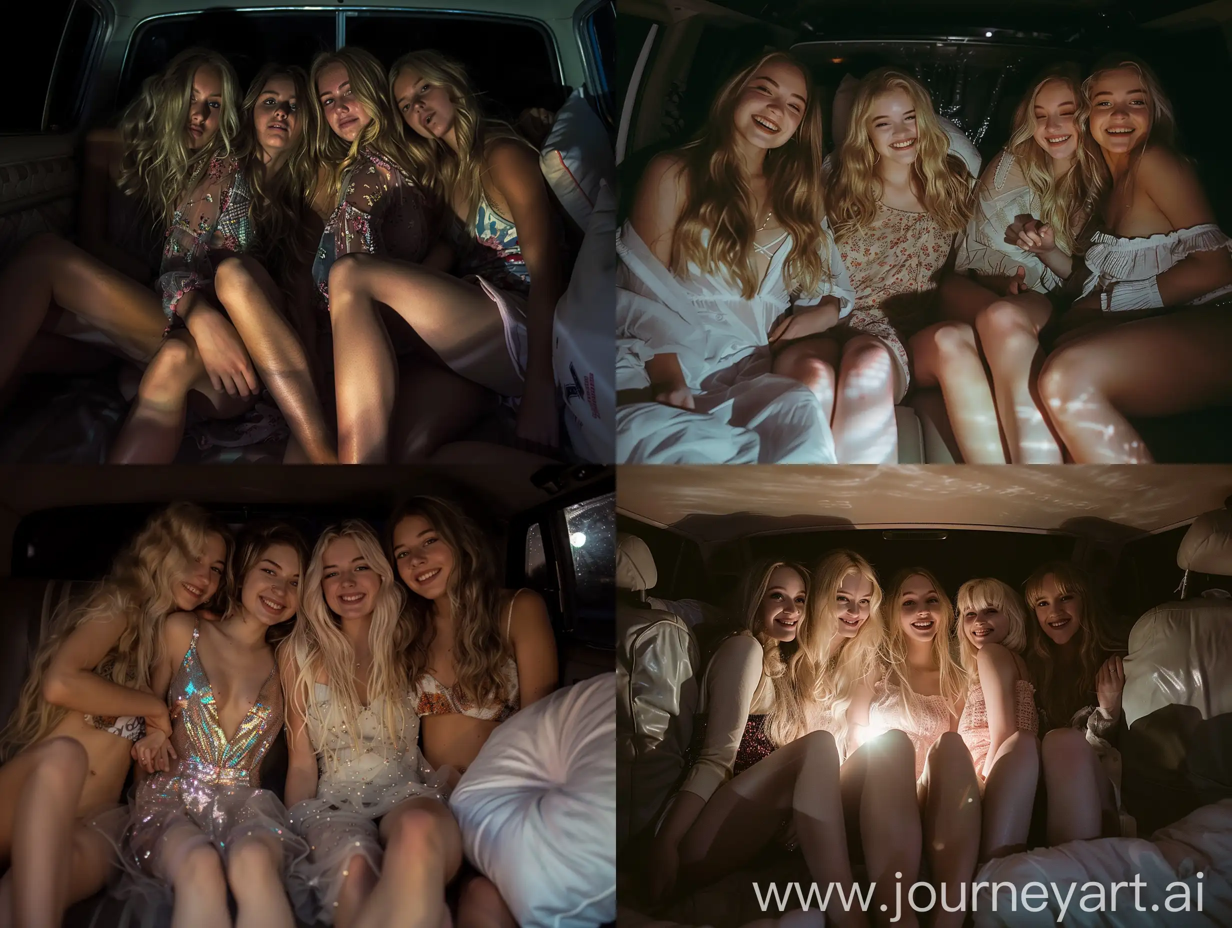 4 girls, long blond hair , 22 years old, inside a room, escuro, flash light, transparent dress, , influencer, beauty ,,sleepover, at night, flash, smiling,  makeup,, sitting on car , fat legs, playing with pillow
 no effect, , no filters , iphone photo natural