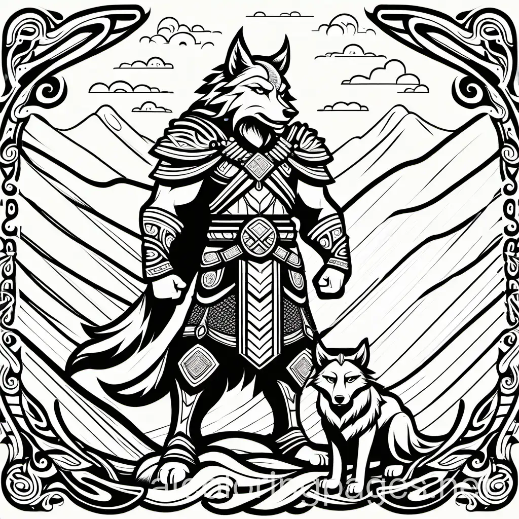 a norse god named lil ragna rok with his giant wollf fenrir, Coloring Page, black and white, line art, white background, Simplicity, Ample White Space. The background of the coloring page is plain white to make it easy for young children to color within the lines. The outlines of all the subjects are easy to distinguish, making it simple for kids to color without too much difficulty