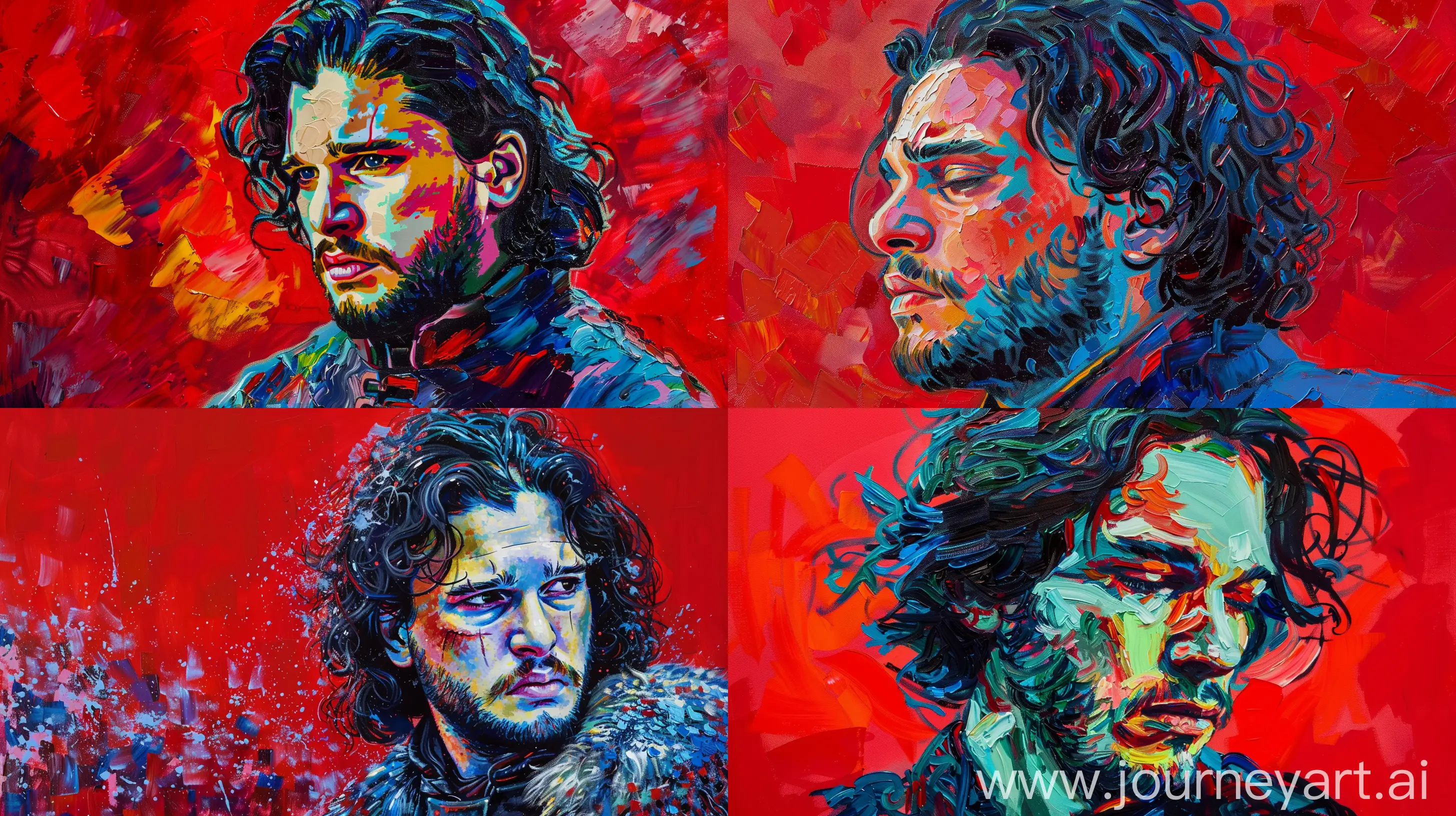 oil painting of john snow in van gogh style with soft vibrant pastel colors with red background --ar 16:9
