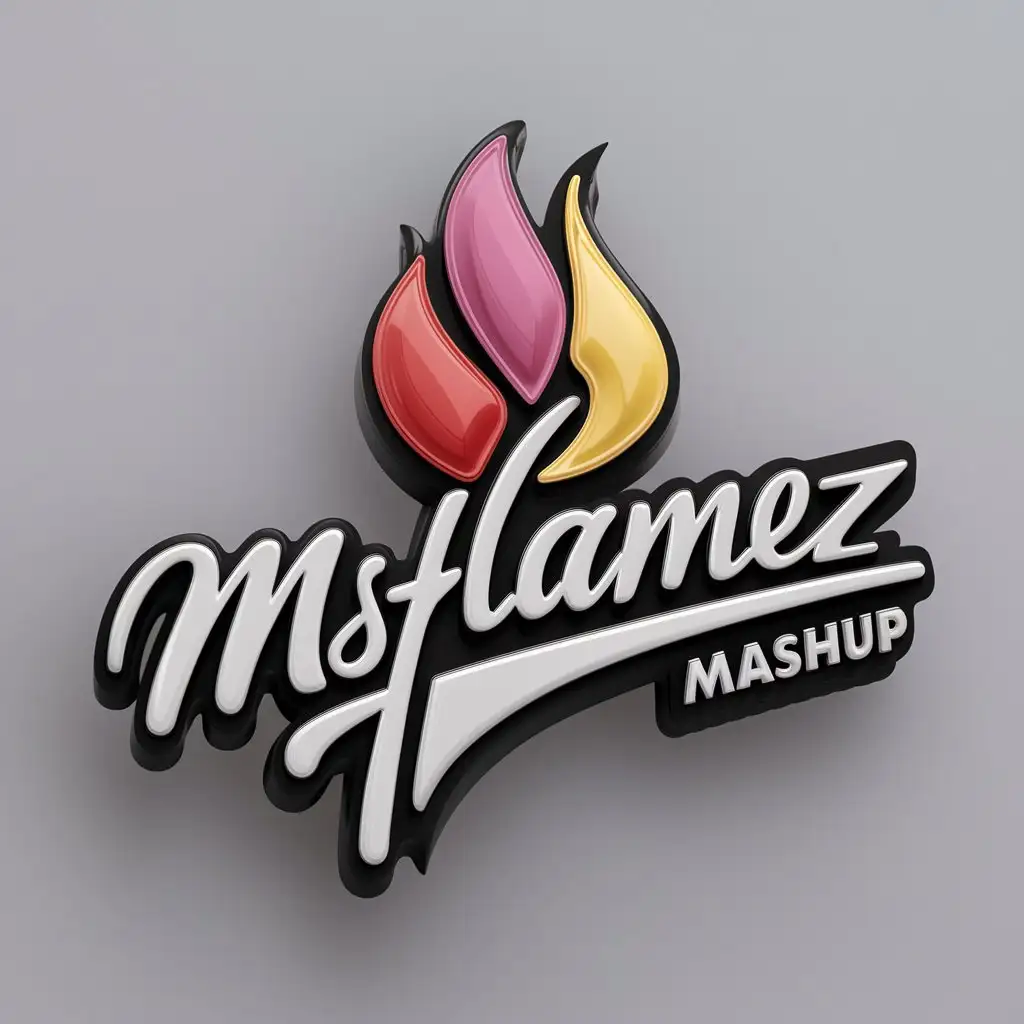 a logo design,with the text "MsFlamez Mashup", main symbol:MsFlamez, white outline, 3D, sexy, red, pink, yellow, purple, complex, cursive, red, pink, yellow, clear background,Moderate,clear background