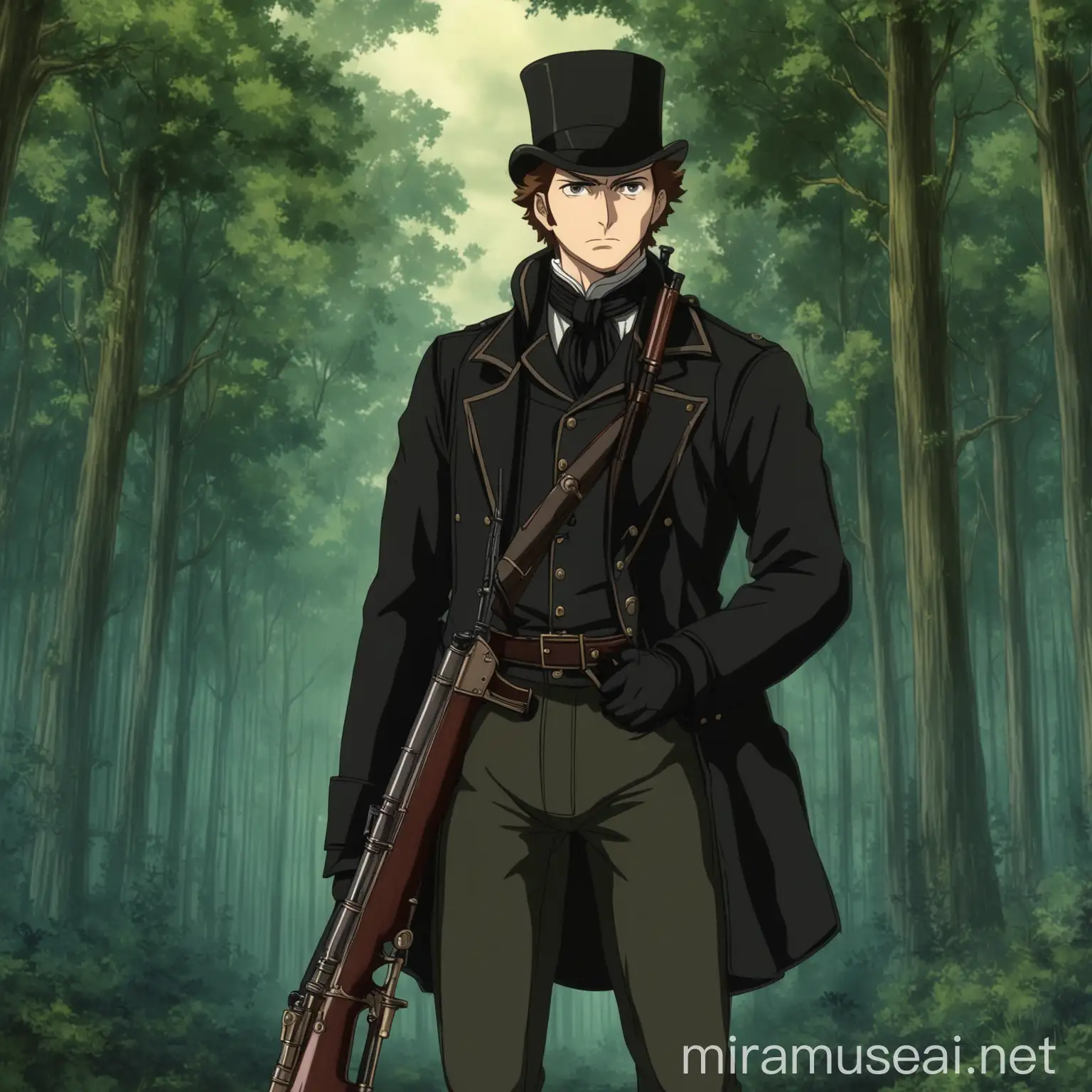 A (((victorian hunter))) dressed in a ((black jacket and pants)), exuding an air of menace with a ((Victorian rifle)) at his side, in a forest. in anime