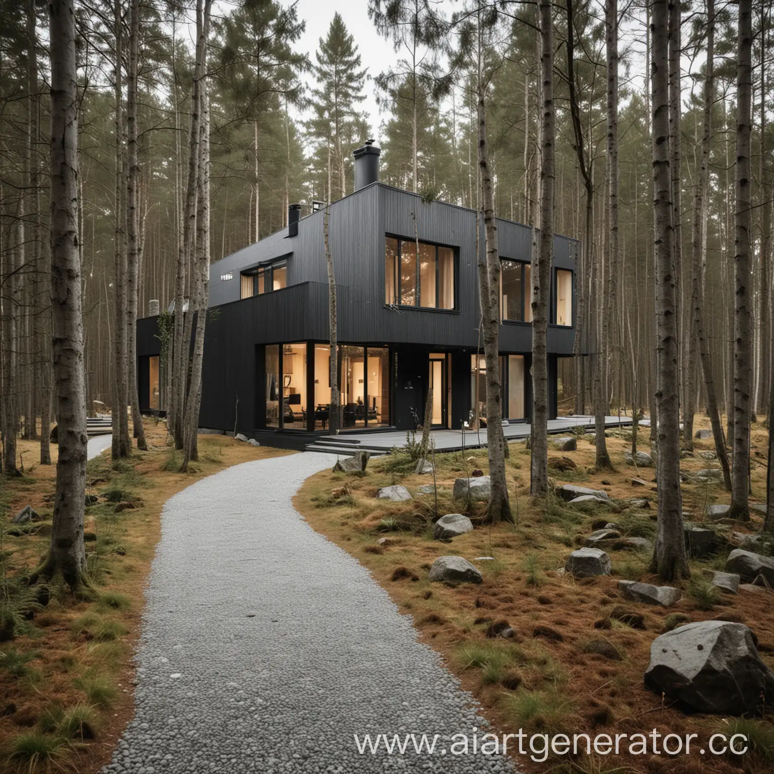 современный дом в скандинавском  в лесу с тропинкой
