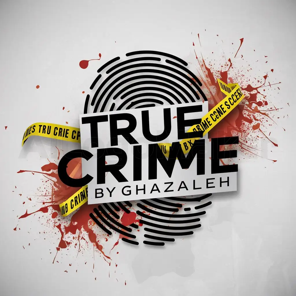 a logo design,with the text "True Crime By Ghazaleh", main symbol:fingerprint,Crime Scene Tap,blood spatter,Moderate,clear background