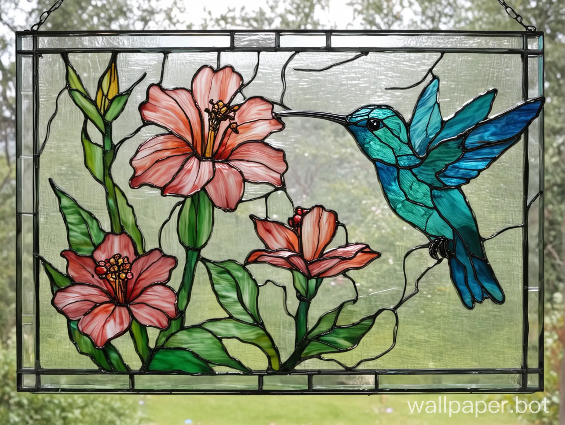 Stained glass without joints. One hummingbird and a flower.