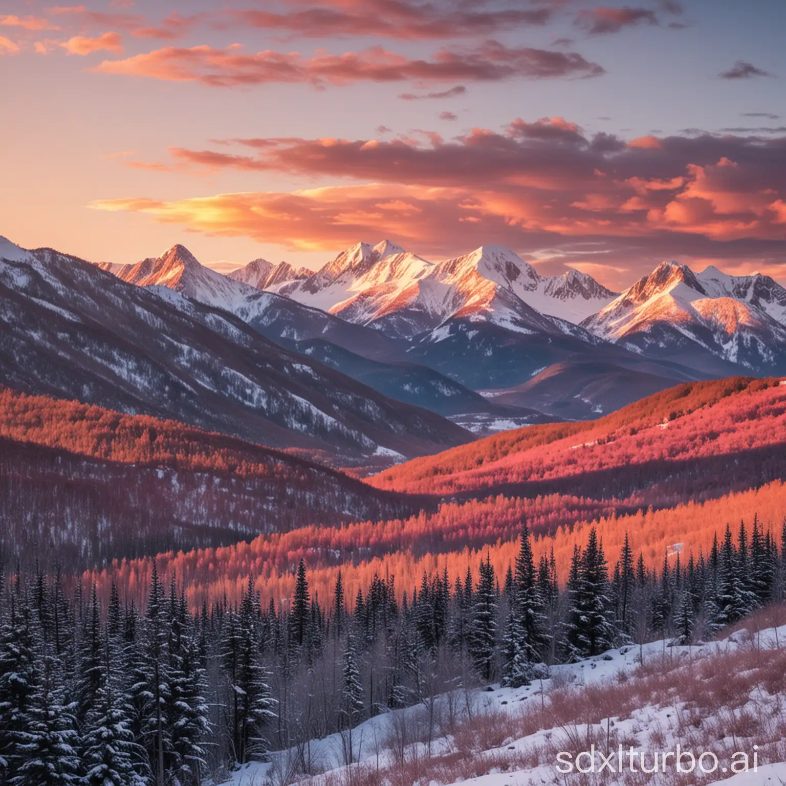 A breathtaking sunset over a mountain range. The sun is setting behind the peaks of the mountains, casting a warm glow on the landscape. The sky is a deep blue, and the clouds are a mix of white and pink. The mountains are covered in snow, and the trees are bare. The image is peaceful and serene, and it conveys a sense of adventure and exploration.