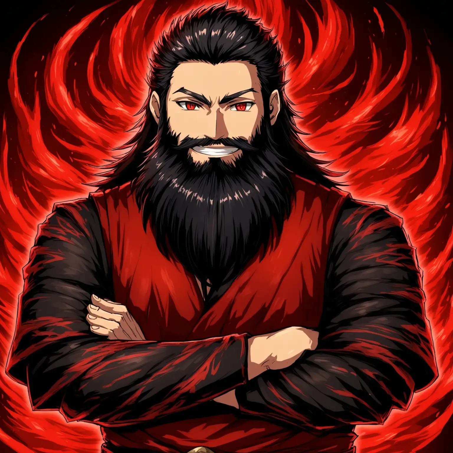 Smiling Anime Guy Dwarf with Red Aura and Crossed Arms