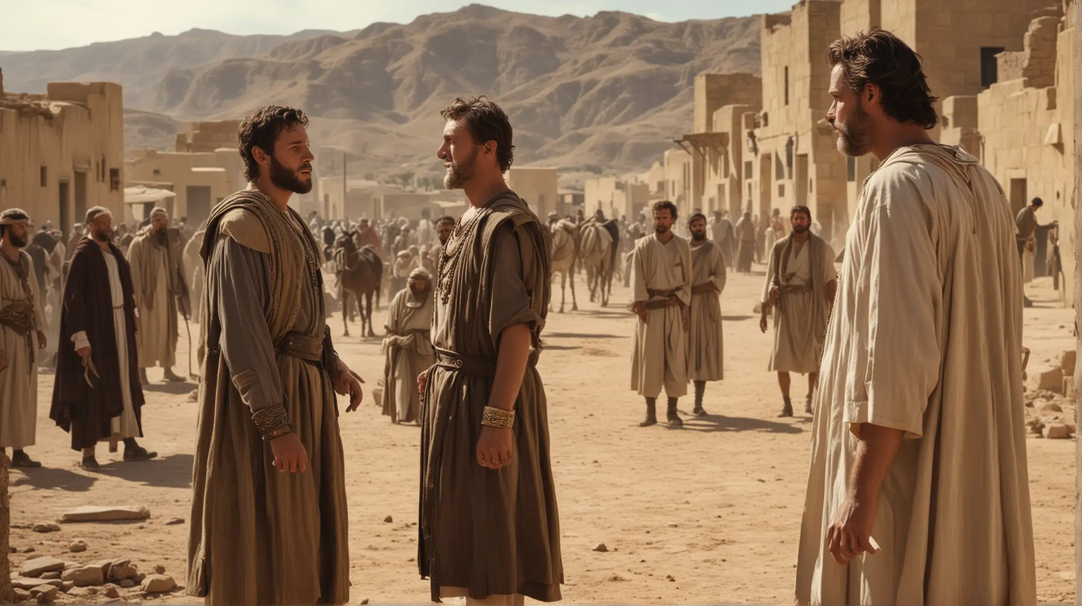 A wealthy man and another man talking in a Desert city. Some other people in the background. Set during the biblical era of Joshua.
