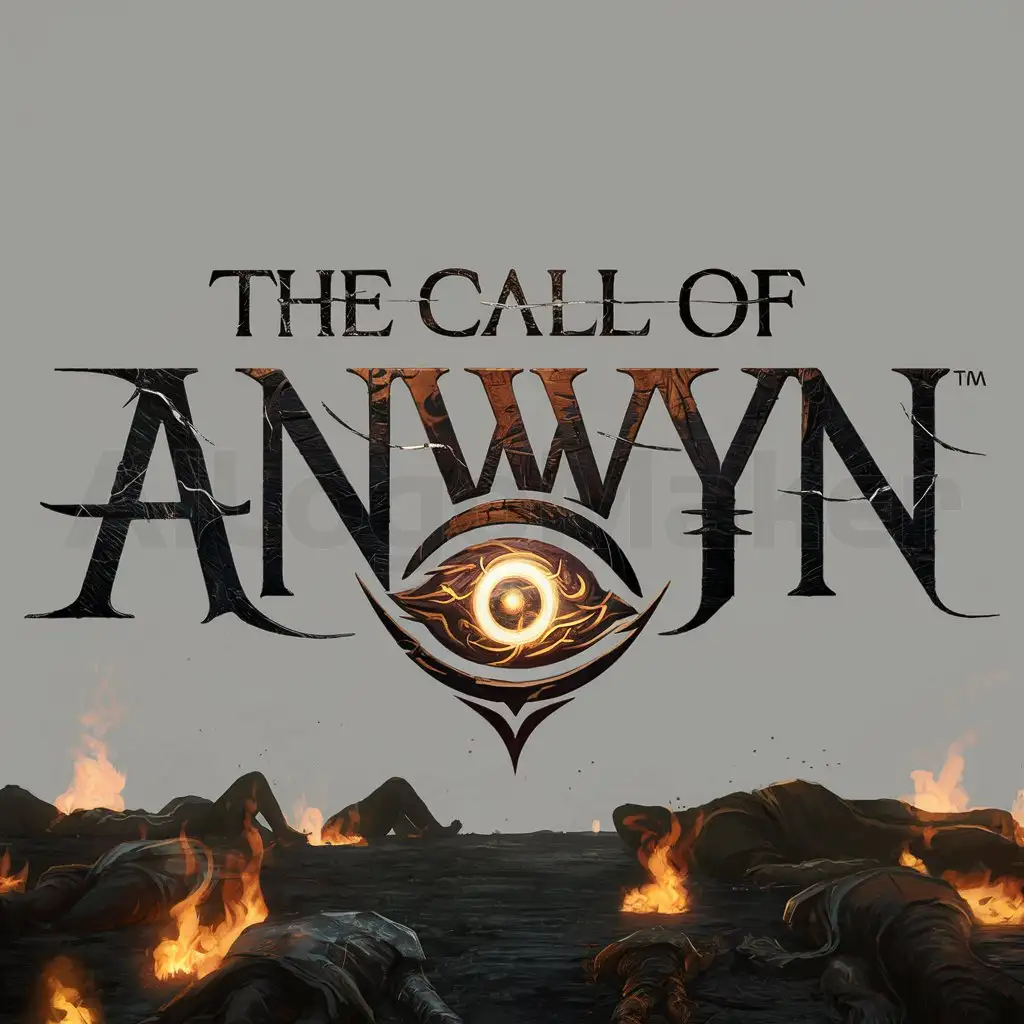 a logo design,with the text "The call of Anwyn", main symbol:a logo design, with the text 'The call of Anwyn', main symbol:logo fantasy, d&d, dark, violent, gothic letters, Dark Souls look, photorealistic, background: flames and bodies suggesting an epic battle,Moderate,clear background