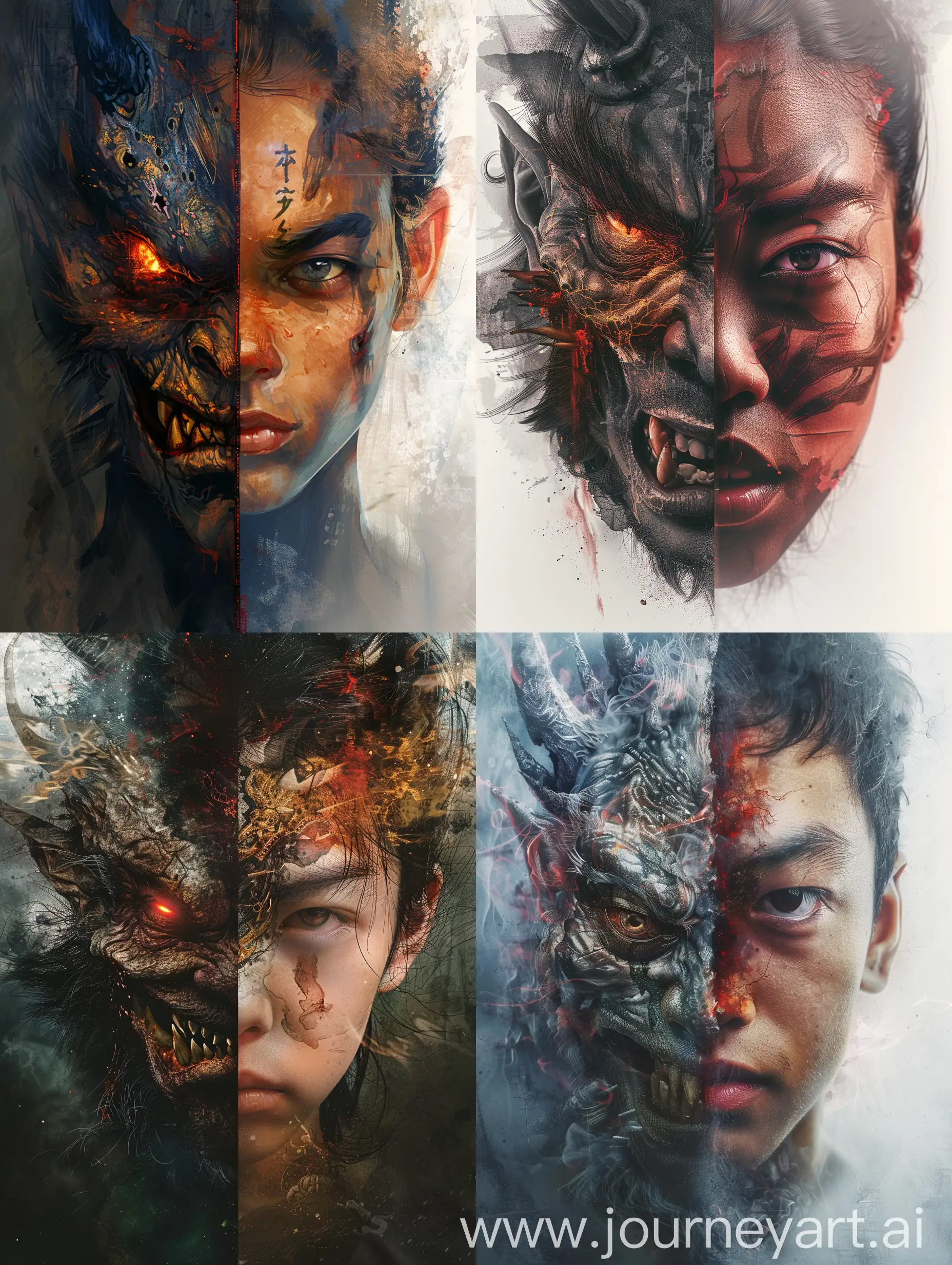 Contrasting-Human-and-Oni-Faces-Portraying-Serenity-Against-Menace