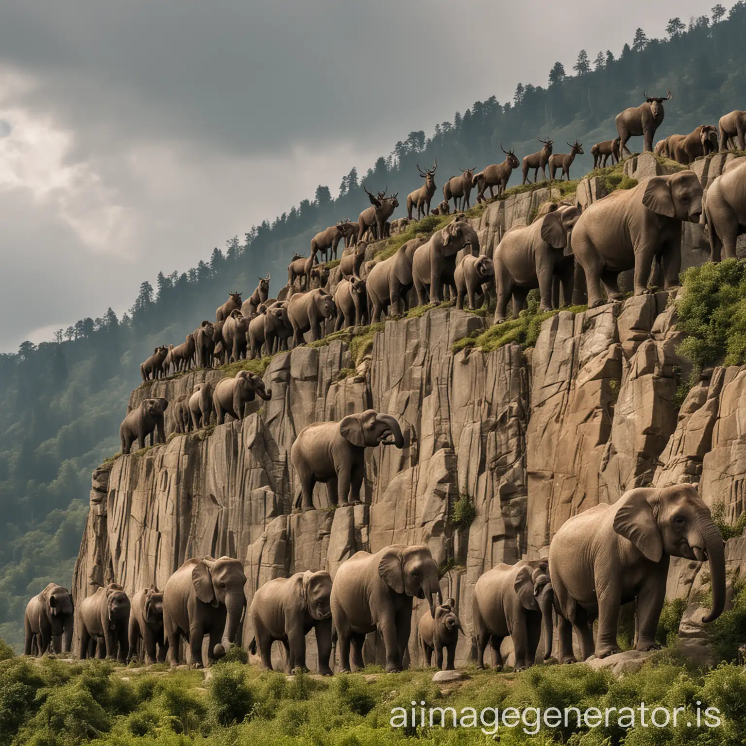 stoic animals gorillas, elephants, and elk sculpted big on a mountainside
