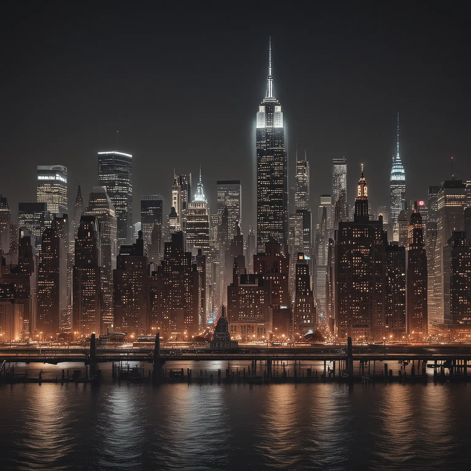 Nighttime Skyline of New York City with Iconic Skyscrapers and Landmarks