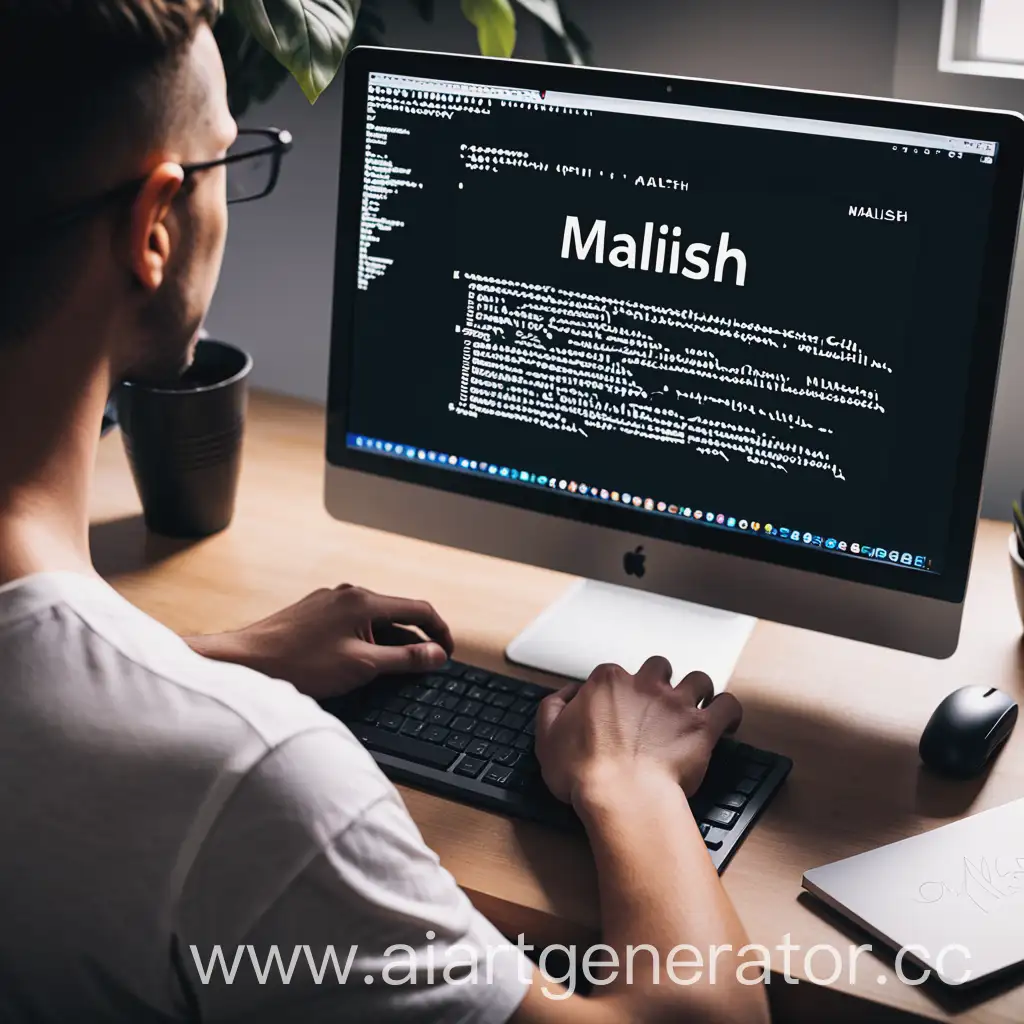 Person-Using-Computer-with-Malish-Written-on-Screen