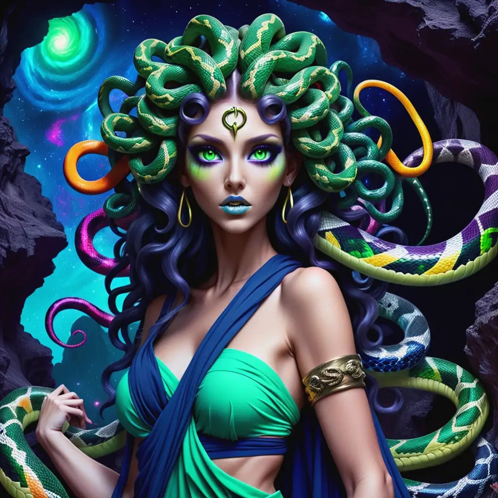 Sultry Medusa with Hypnotic Gaze Amidst Celestial Cave