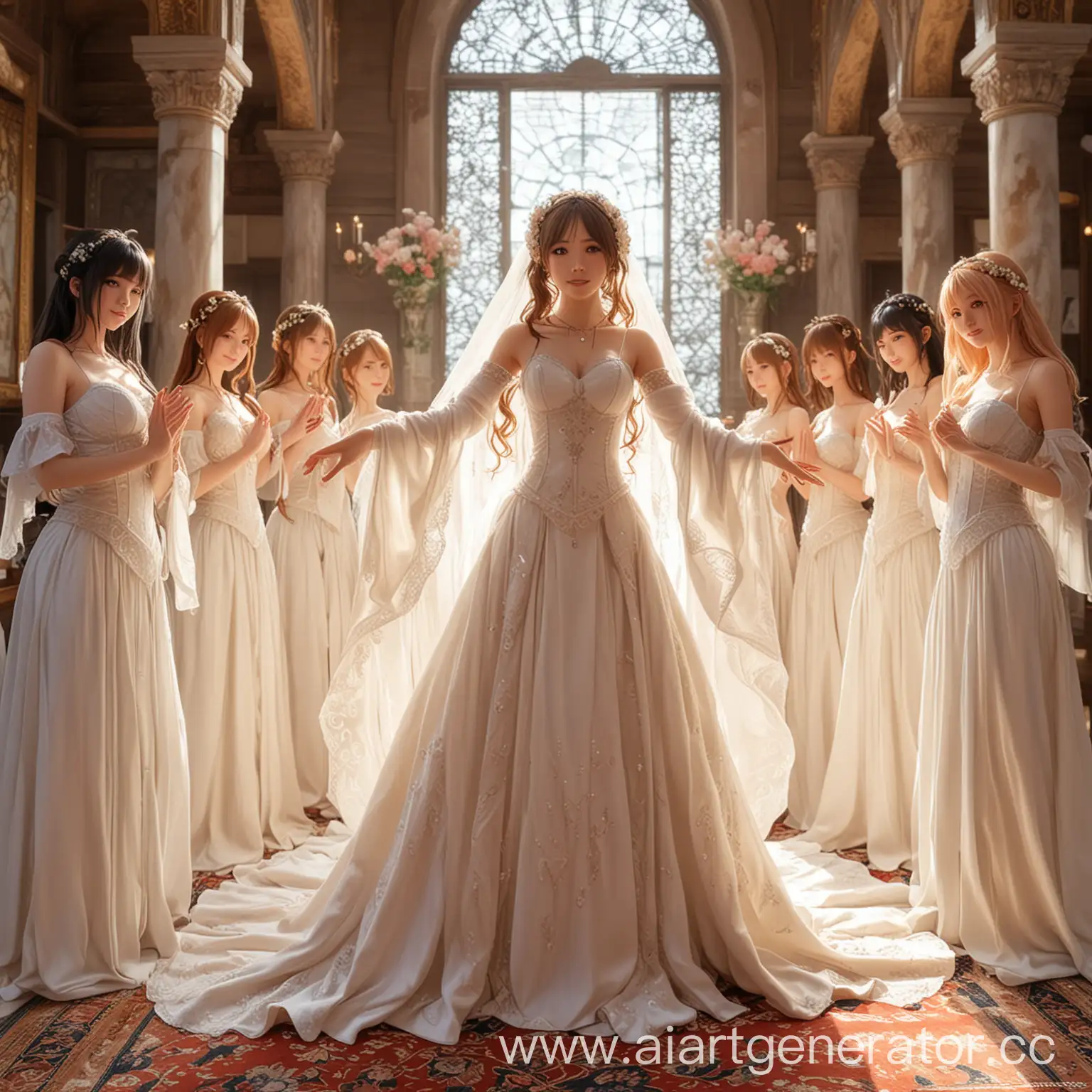 гарем из аниме девушек в свадебных платьях стоят и тянутся к нам руками
