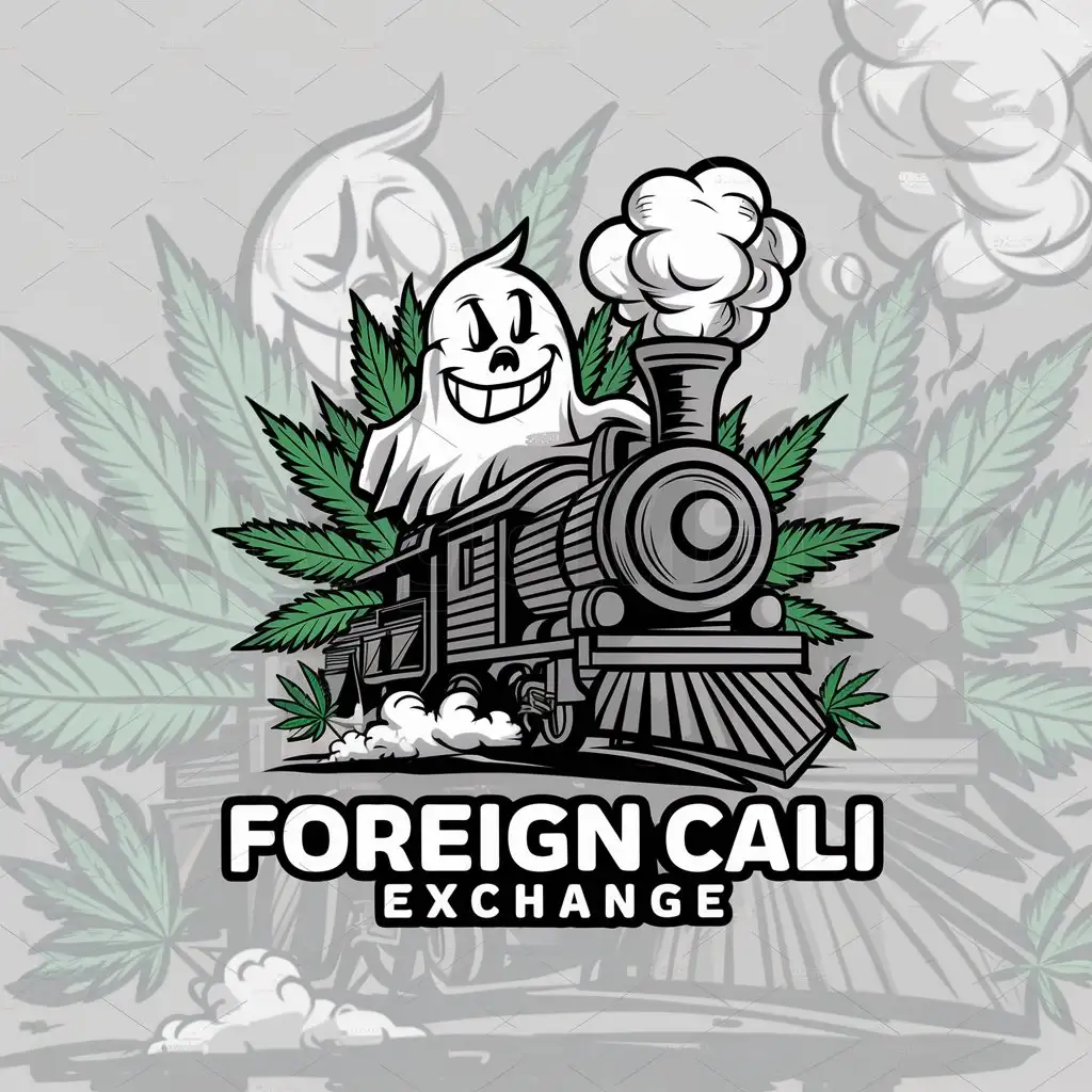a logo design,with the text "Foreign Cali Exchange", main symbol:Ghost, Train, weed, comic style,Moderate,be used in Others industry,clear background