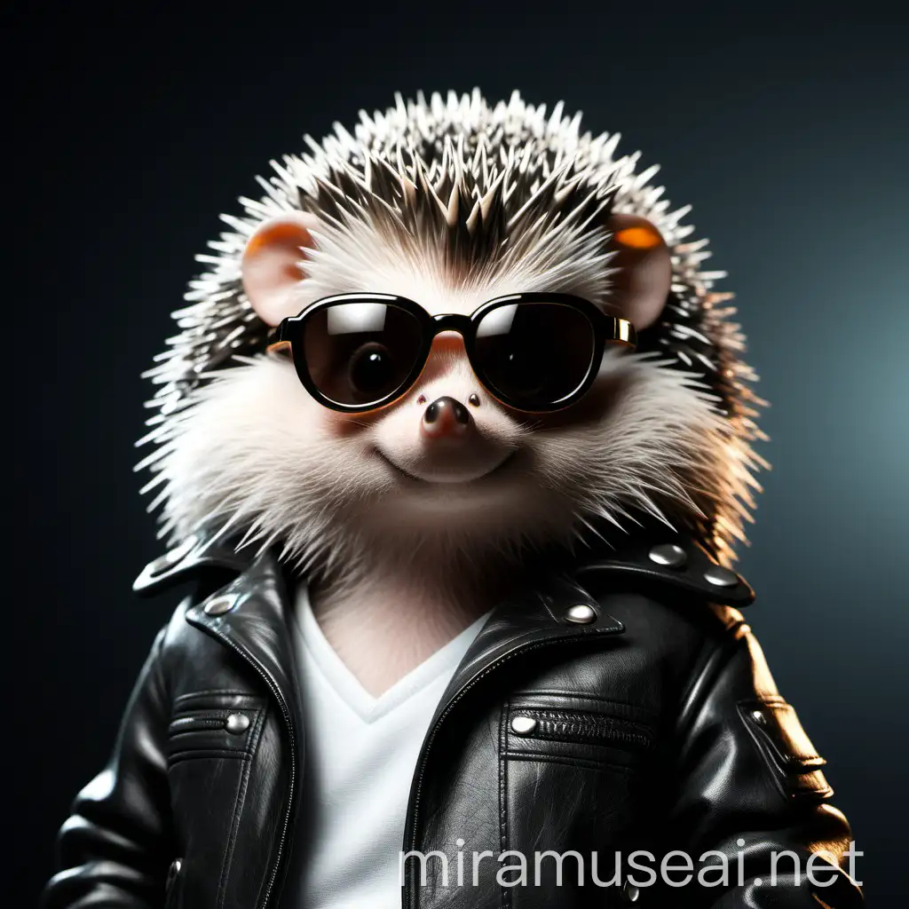 Stylish Hedgehog Wearing Leather Jacket and Glasses