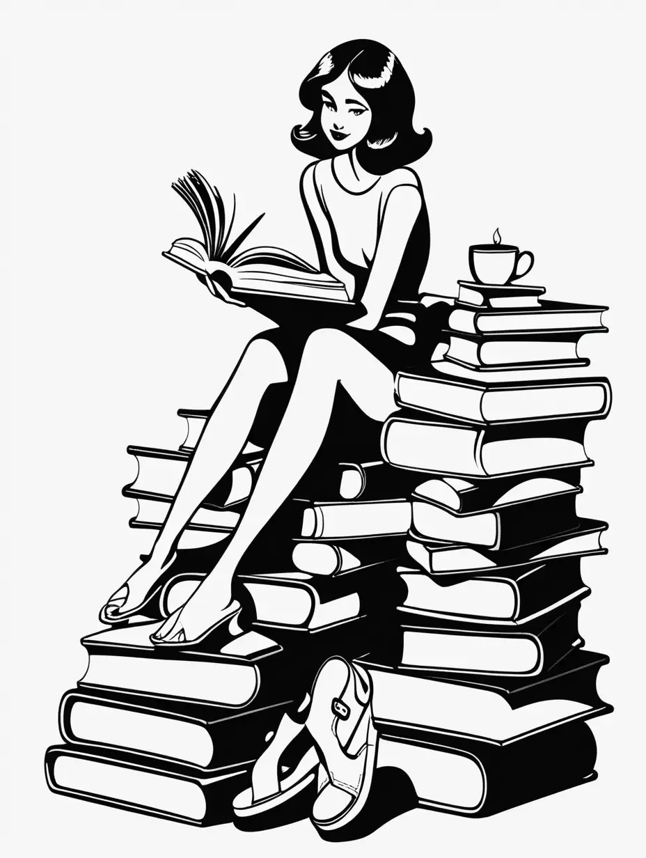 Humorous Black and White Illustration Woman Sitting on a Pile of Books