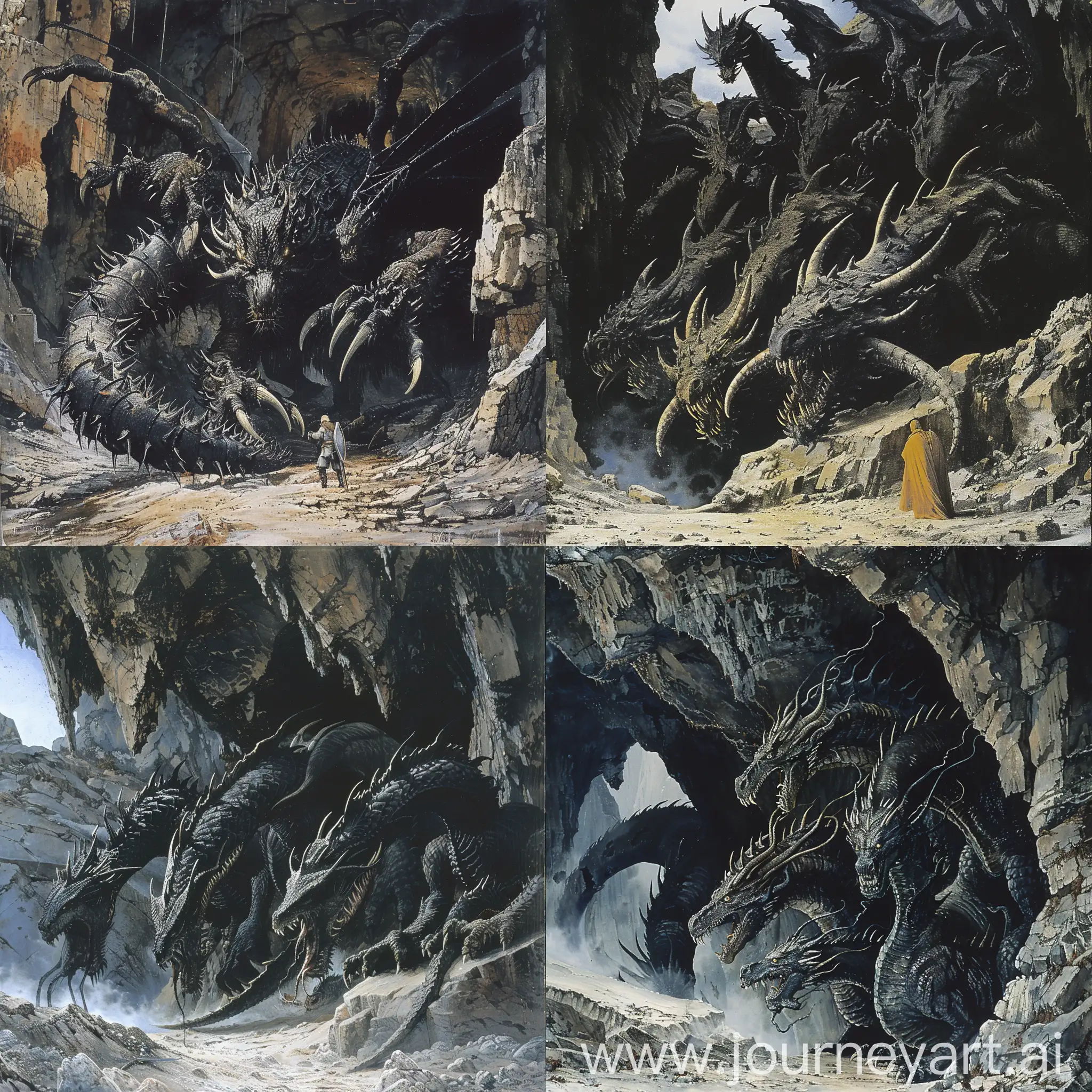 dvd screenshot of 1987 Dark Souls fantasy film Illustrated. A scene, under a stony mountain, a huge black dragon, with incredible 4 heads. Dark fantasy book illustration art