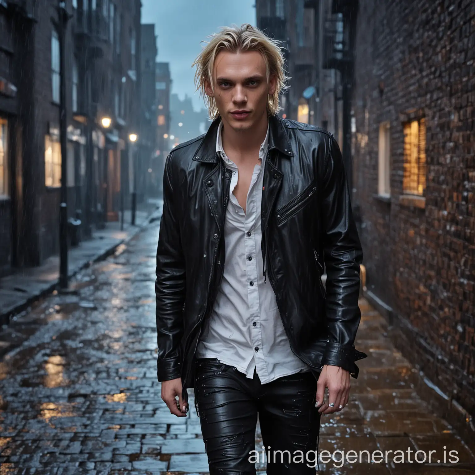 Jamie Campbell Bower face, beautiful bright blue eyes, platinum blonde hair, mischievous smiling face, wearing leather, unbuttoned shirt, city neon nightlights, grey brick buildings, walking towards you, wearing black boots, stormy clouds, foggy background, wet brickroad